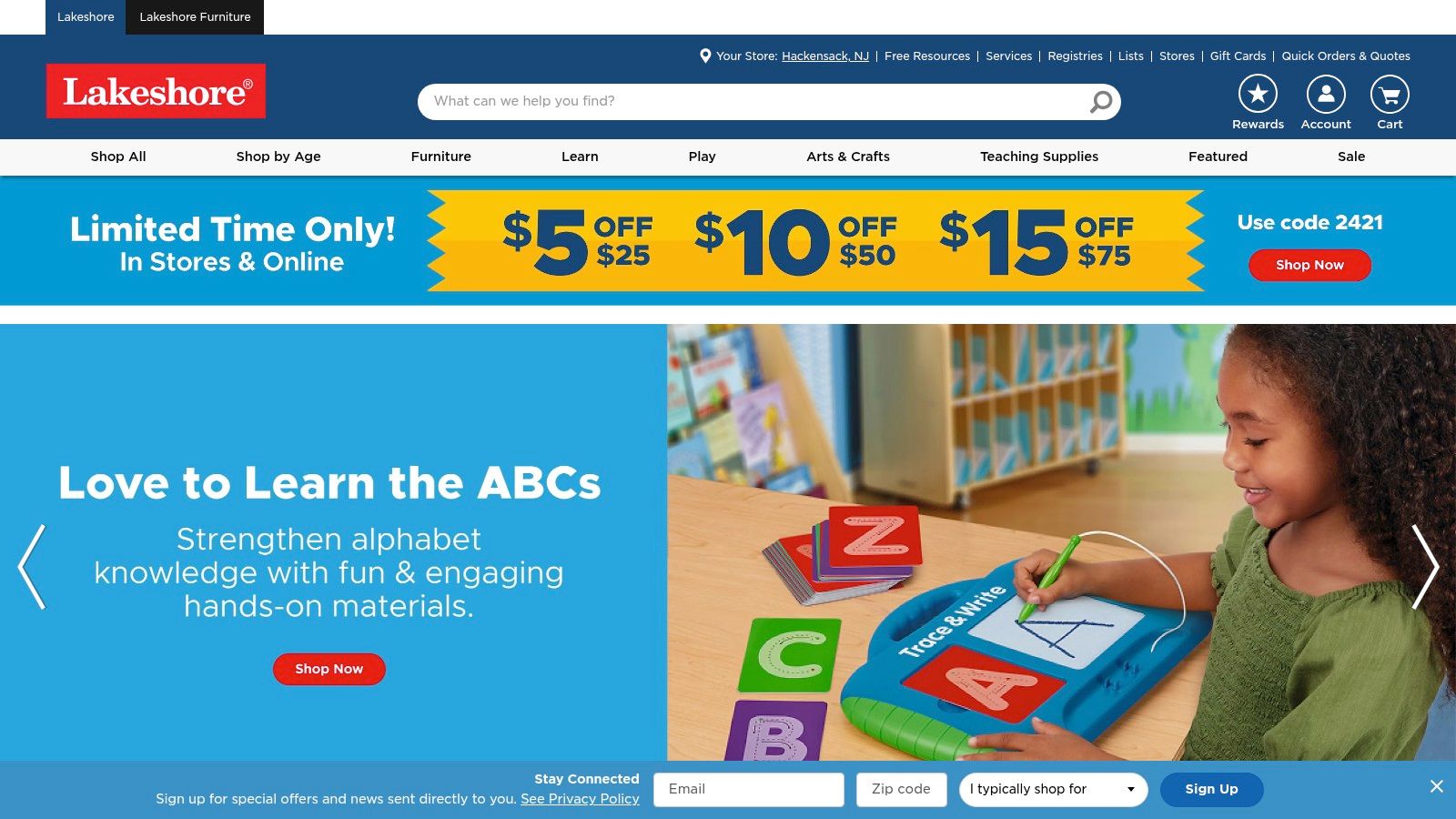 Lakeshore Learning website showing educational games categorized for specific grade levels.