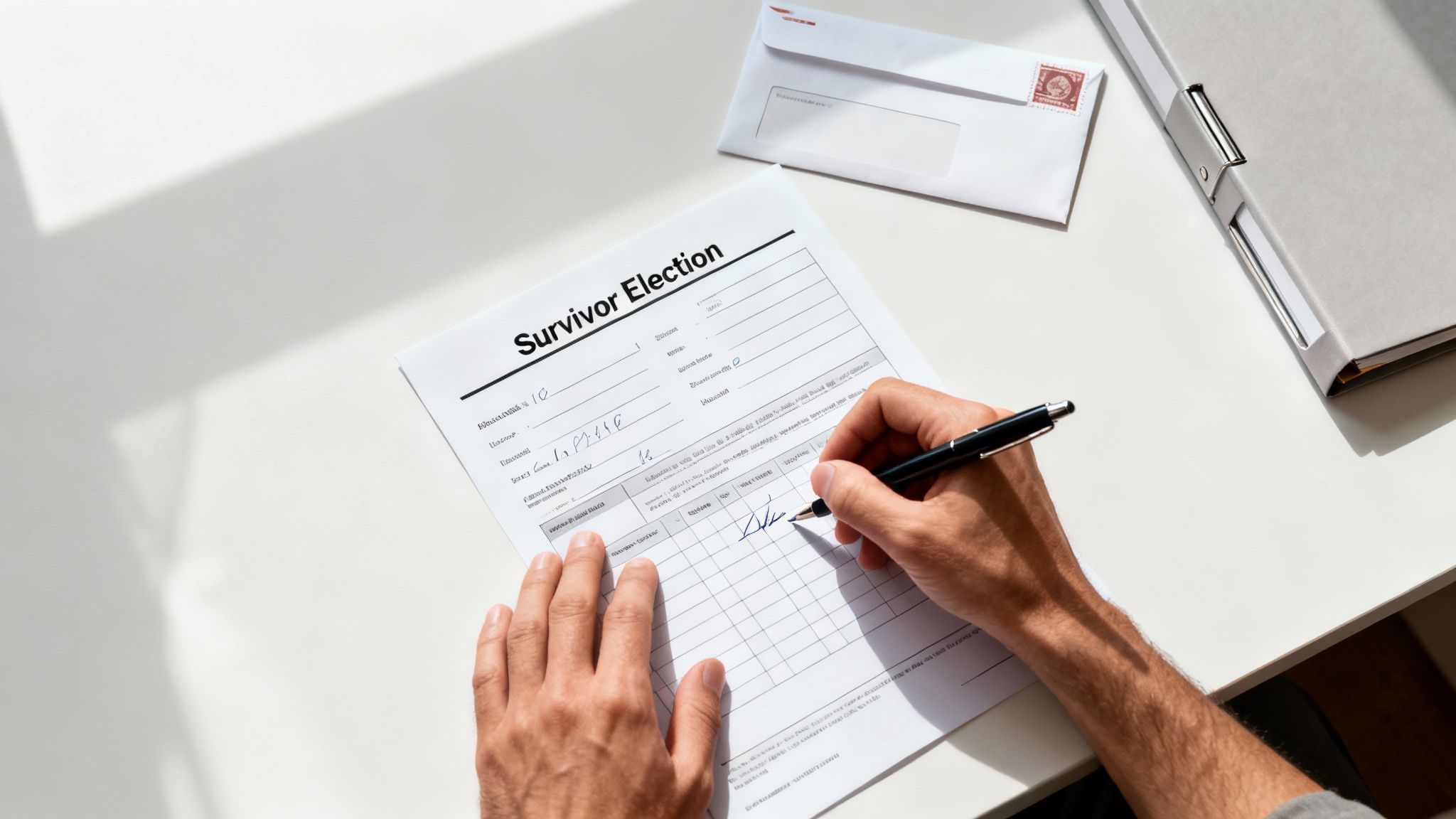 A person's hands are filling out a 'Survivor Election' form with a pen on a white desk.