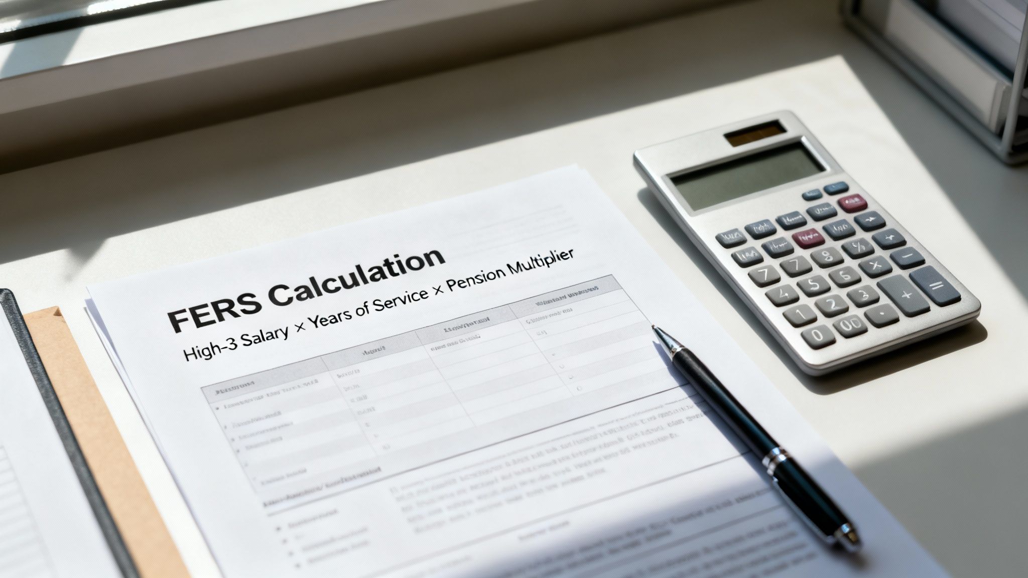 A person sitting at a desk with a calculator, pen, and financial documents, planning their retirement.