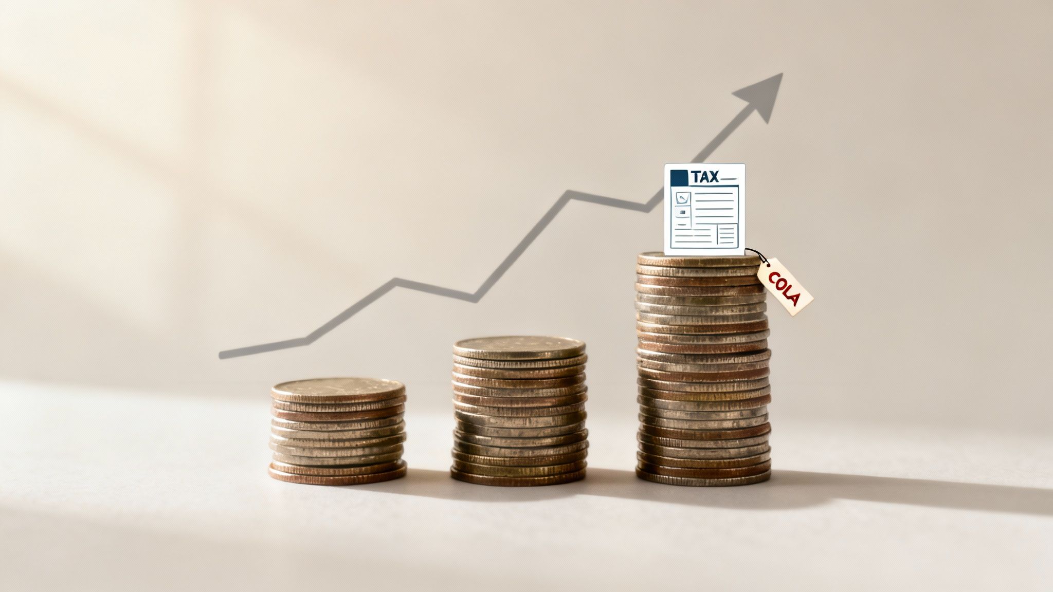 Three stacks of coins show an upward trend, symbolizing increasing costs, taxes, and COLA adjustments. Three stacks of coins show an upward trend, symbolizing increasing costs, taxes, and COLA adjustments.