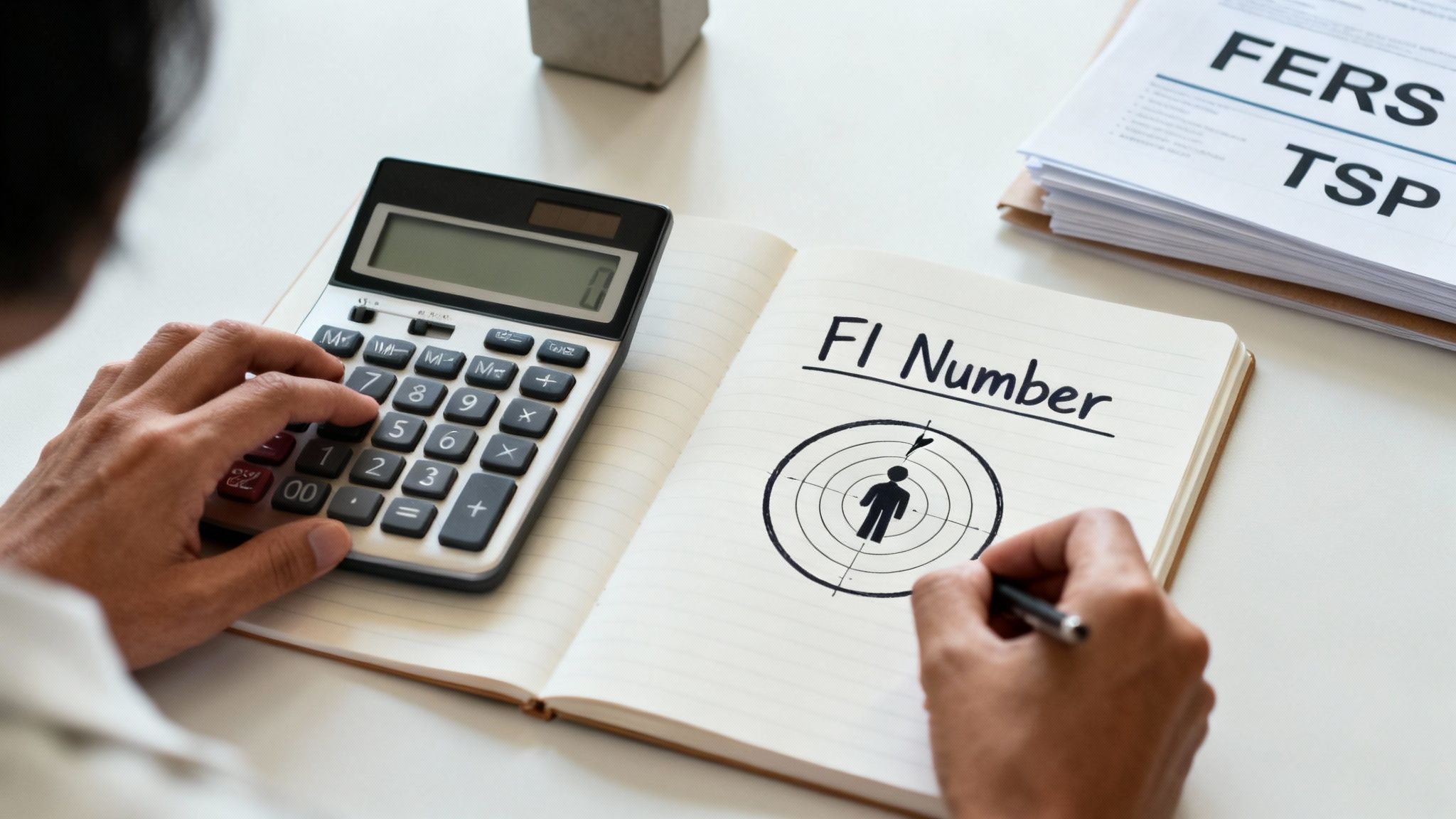 A person using a calculator and taking notes at a desk, planning their finances.