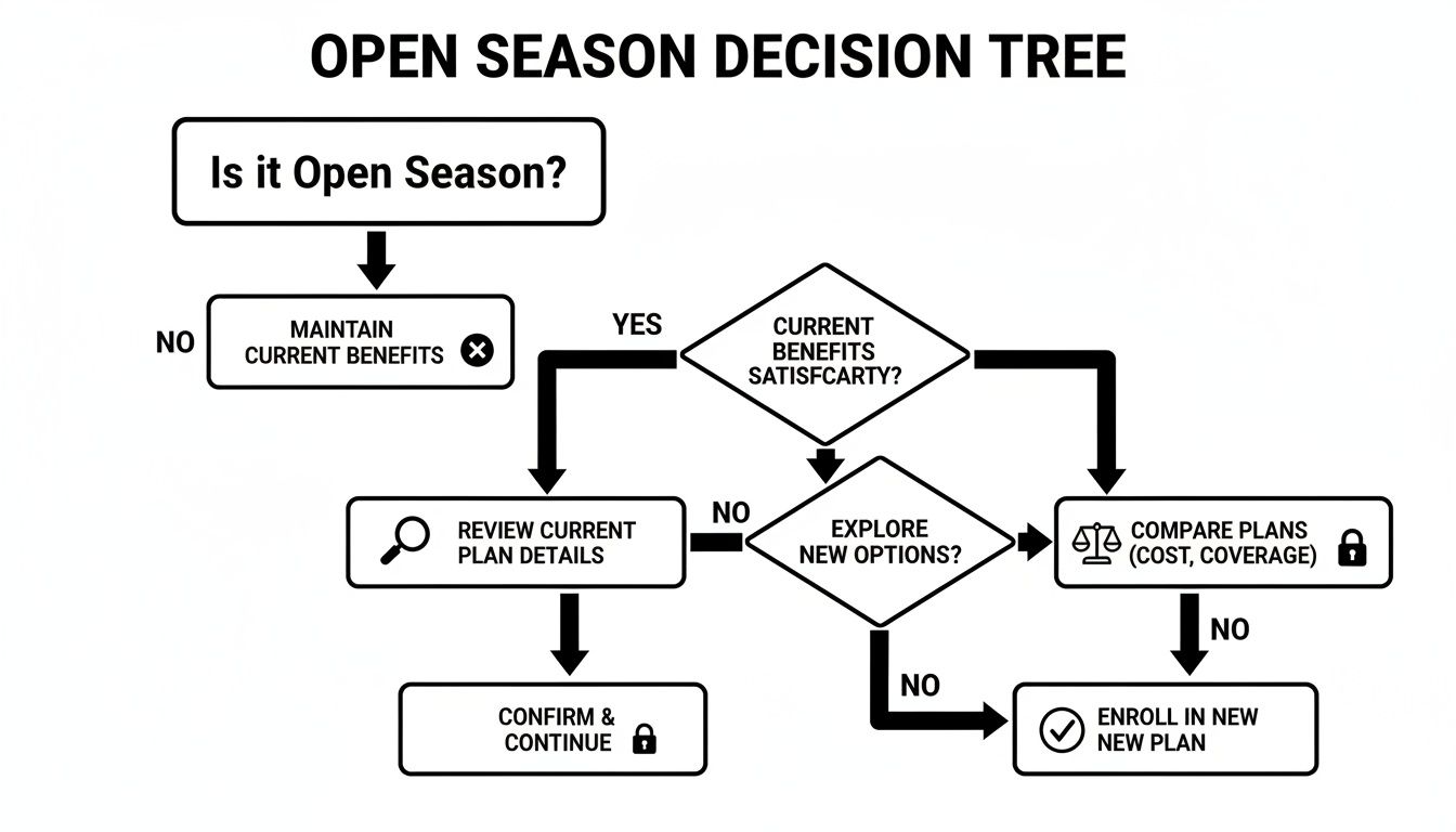 Flowchart illustrating the open season decision process for benefits, including reviewing, comparing, and enrolling in plans.