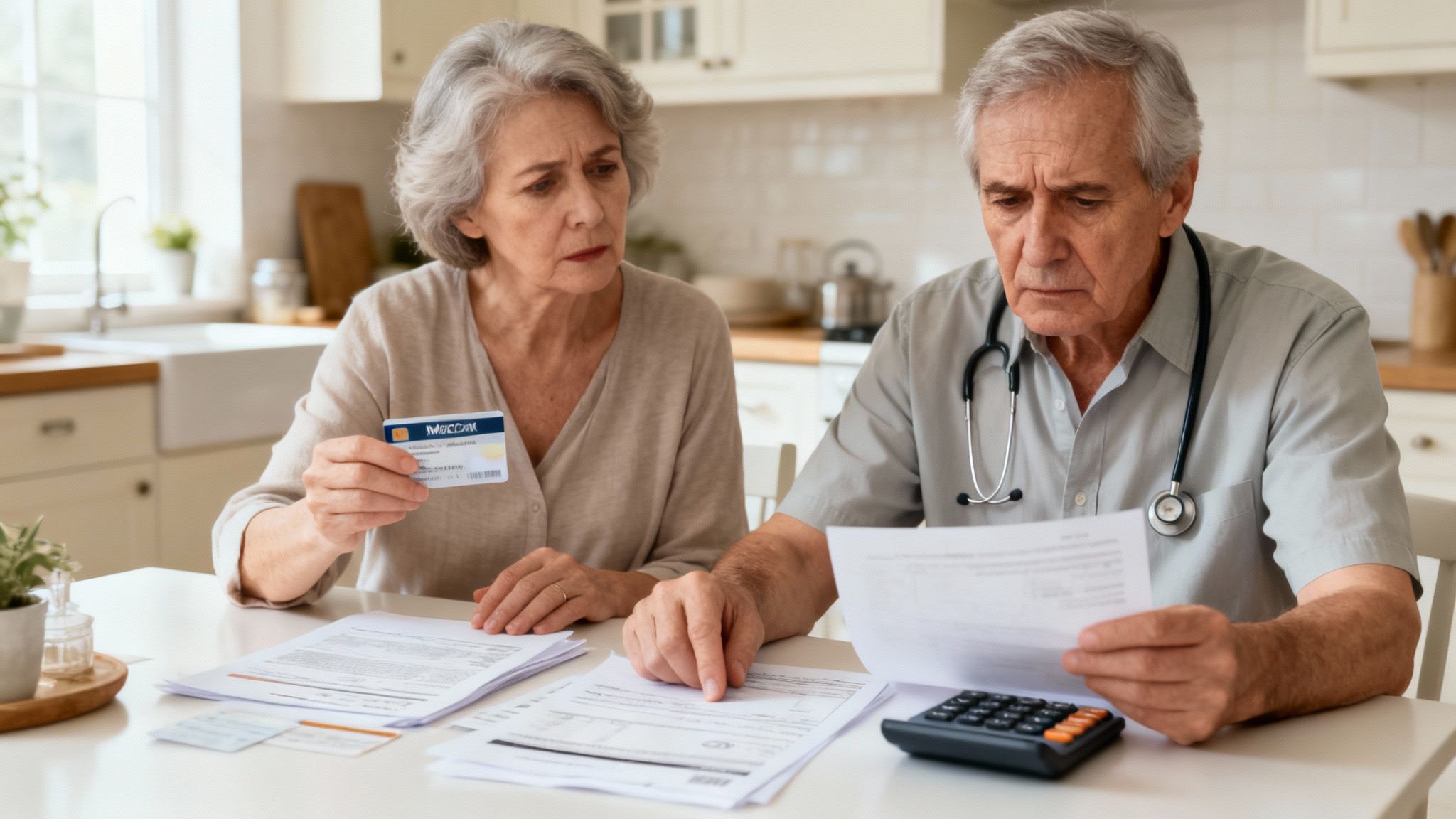 Concerned senior couple reviews medical documents and a Medicare card in their kitchen.