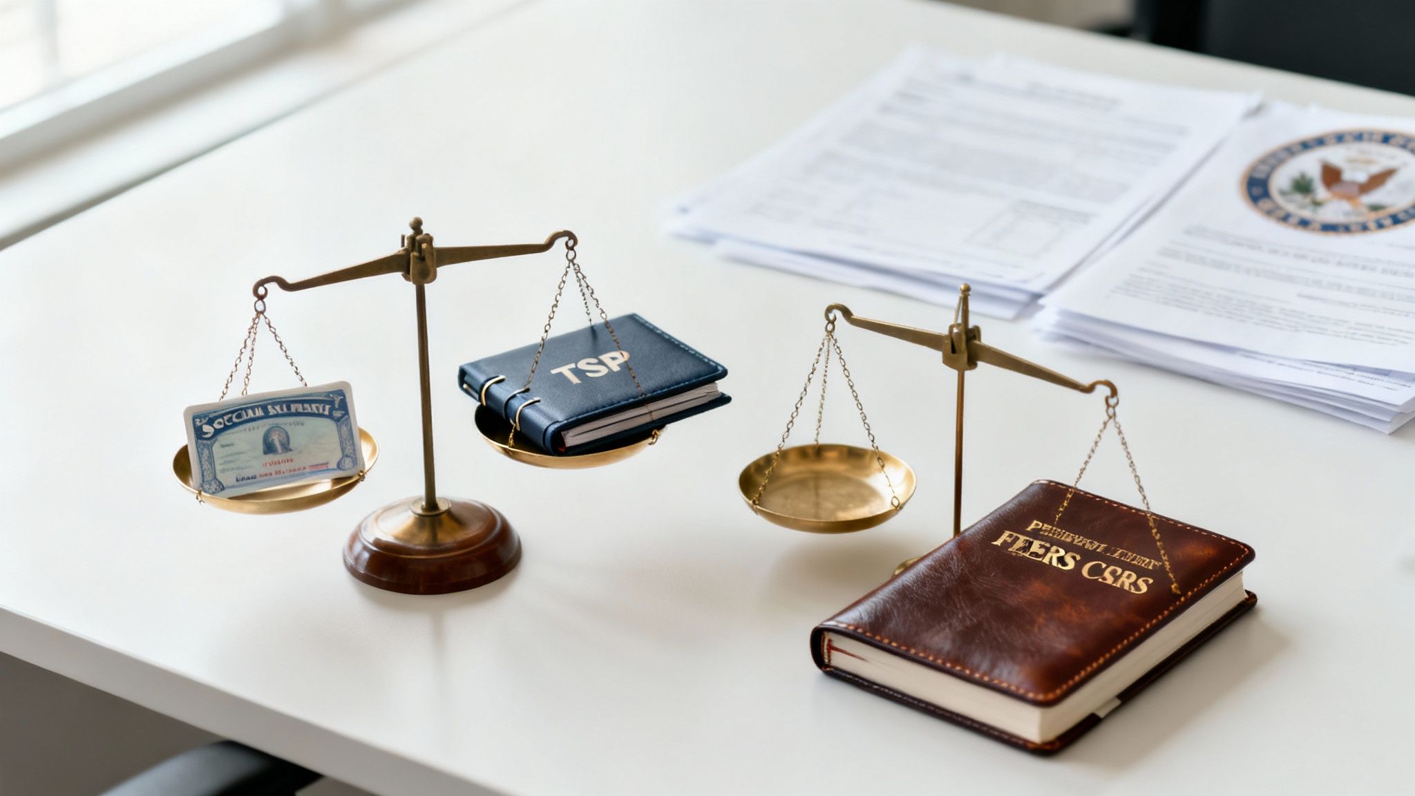 Scales balance a Social Security card and a TSP book, with an empty pan opposite a FERS CSRS book. Scales balance a Social Security card and a TSP book, with an empty pan opposite a FERS CSRS book.