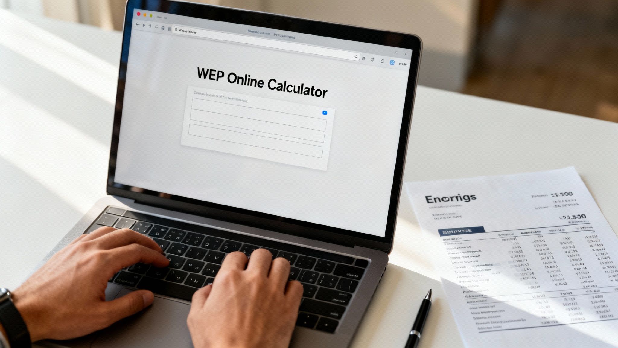 Person typing on a laptop using an online WEP calculator with financial documents on a white desk. Person typing on a laptop using an online WEP calculator with financial documents on a white desk.