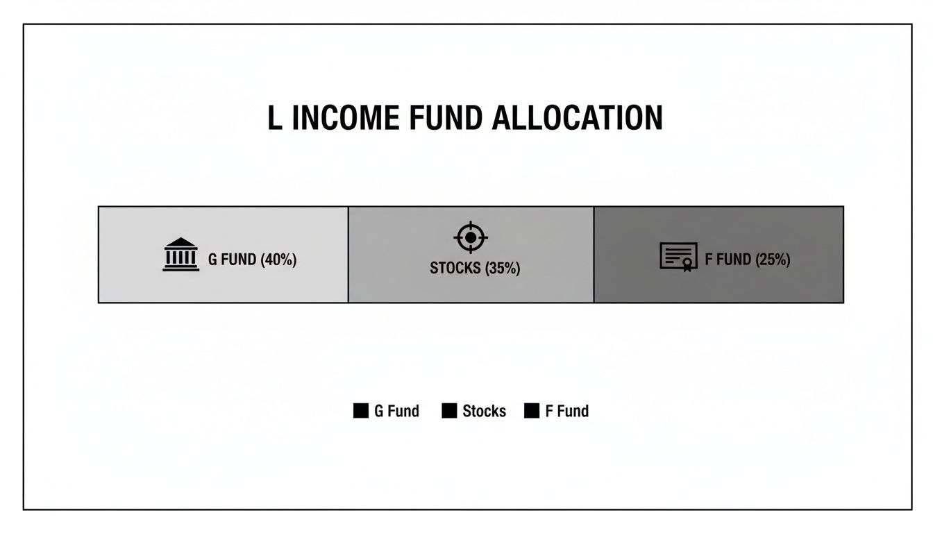 A detailed bar chart illustrating the L Income Fund allocation across G Fund, Stocks, and F Fund.