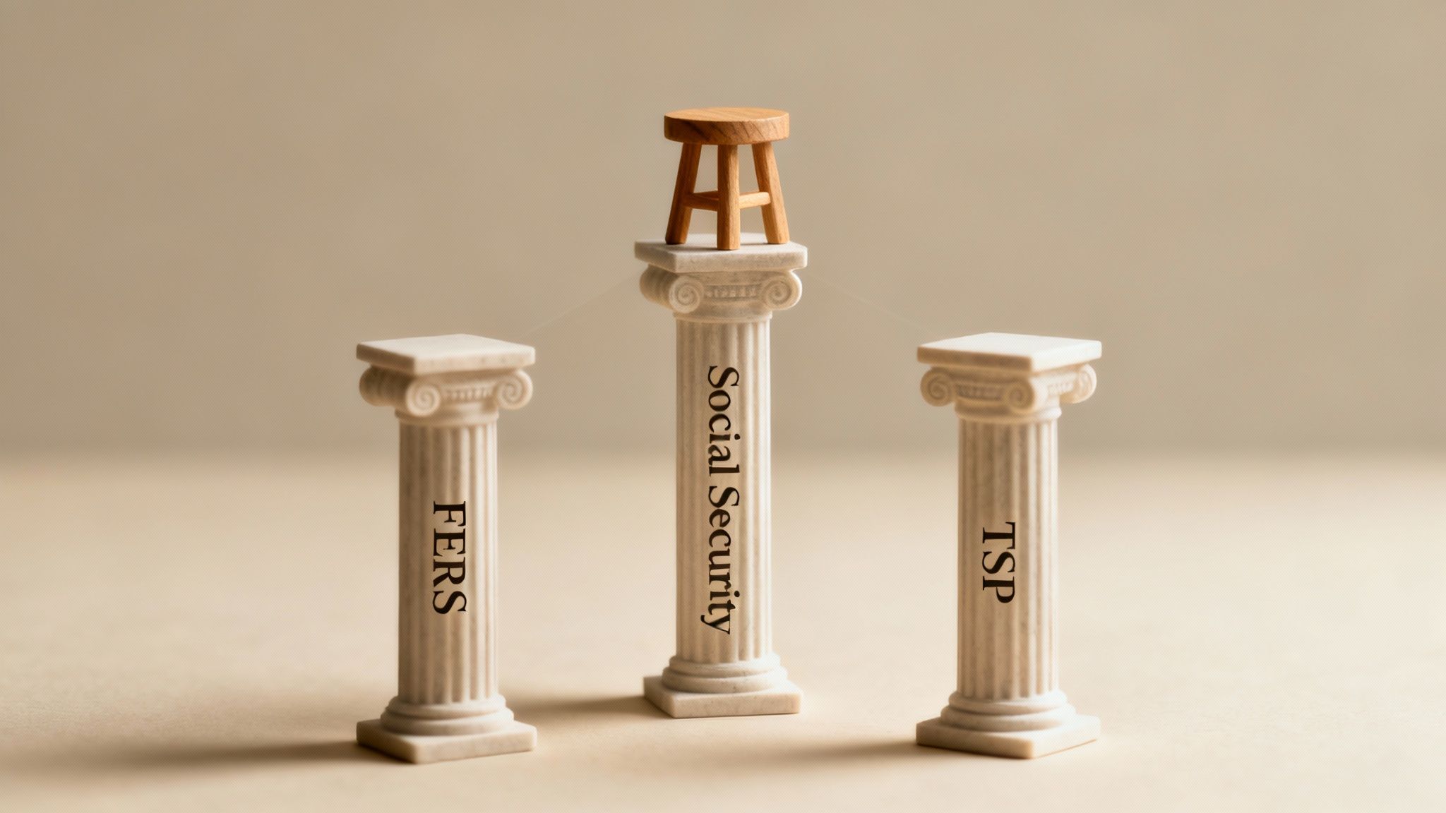 Three pillars labeled FERS Pension, Social Security, and TSP, supporting a platform labeled "Retirement Security"