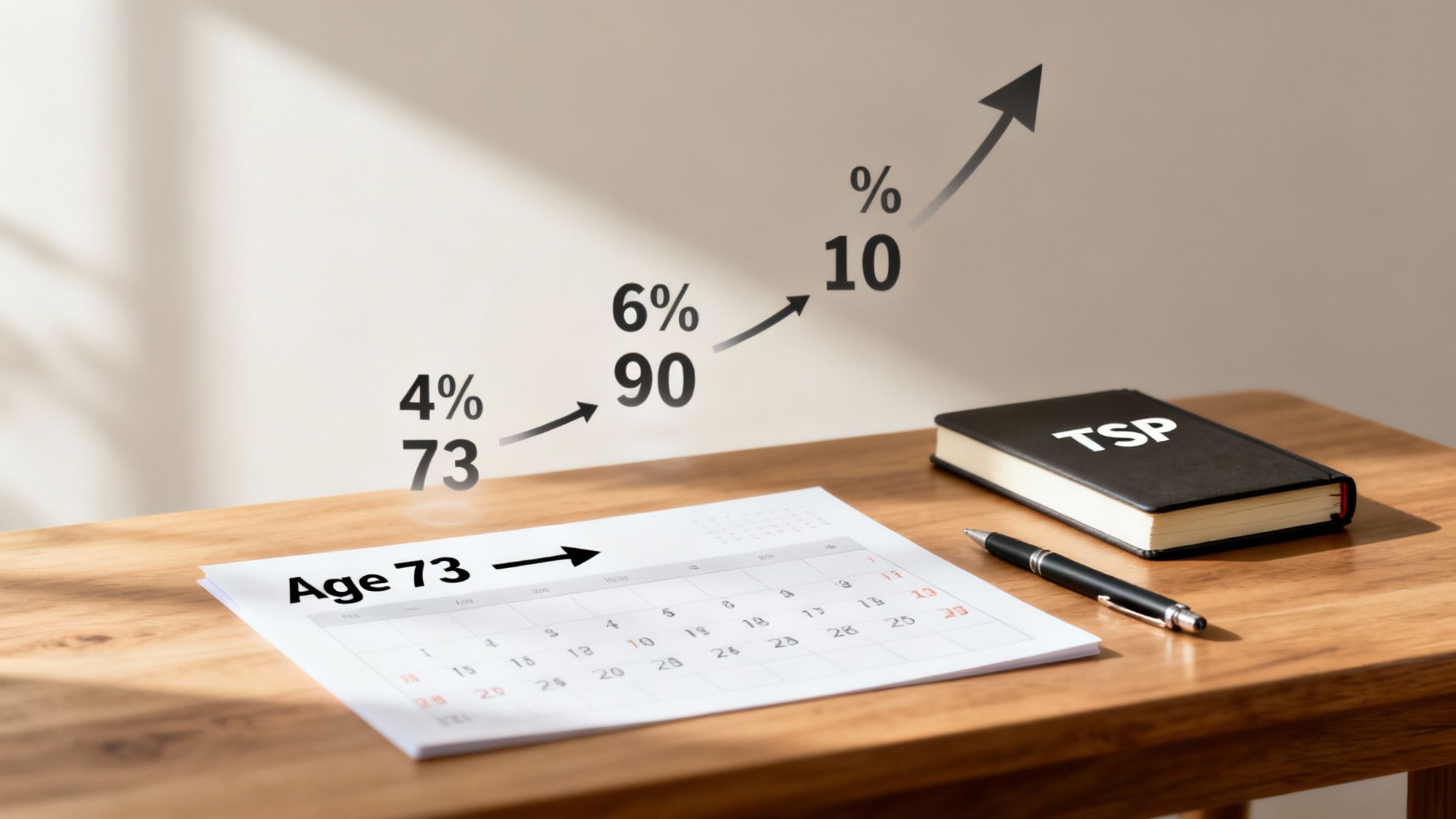 Calendar with 'Age 73', increasing percentages, and a TSP notebook, depicting retirement planning.