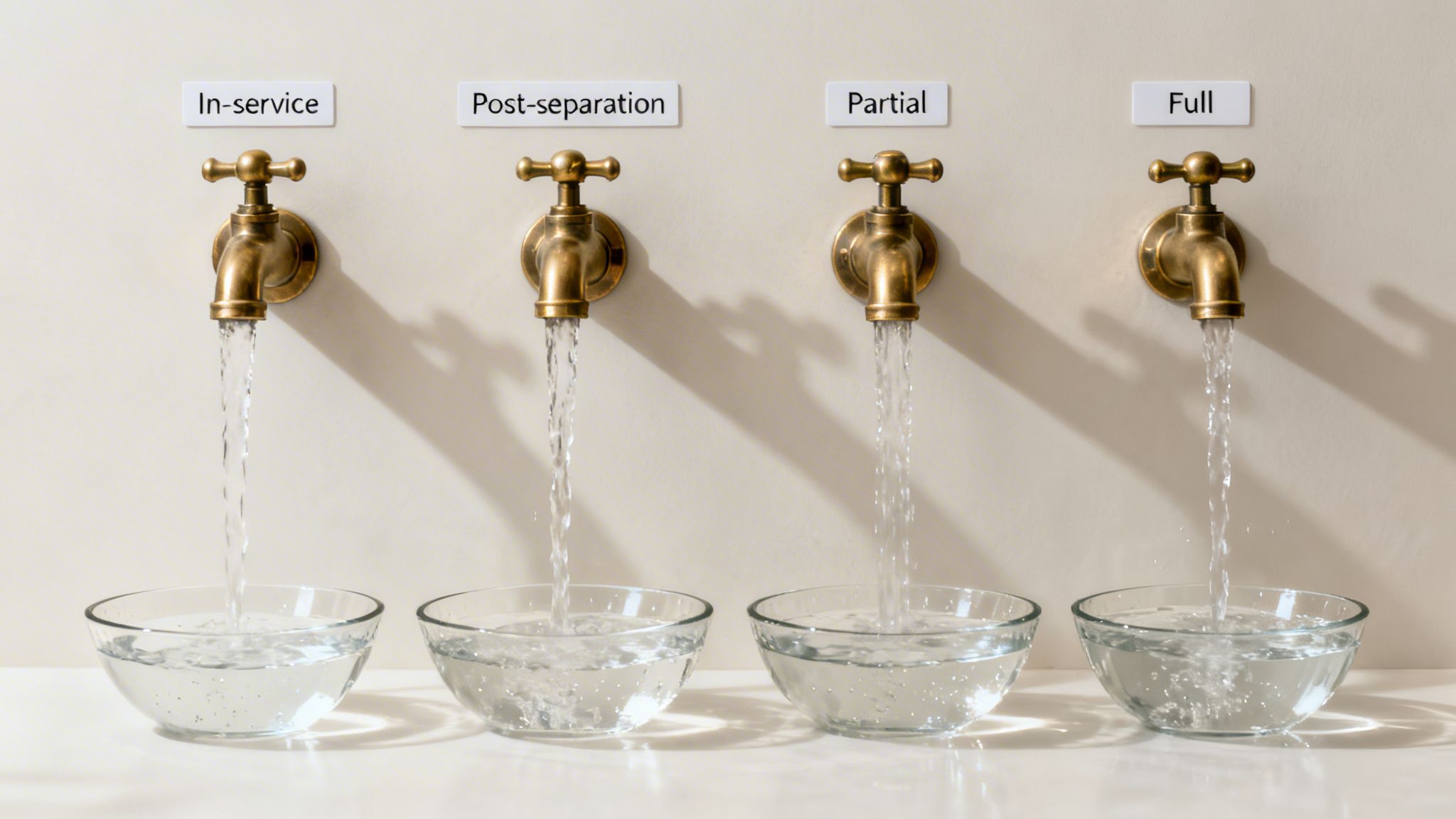 Four antique brass taps dispensing water into glass bowls, labeled "In-service," "Post-separation," "Partial," and "Full."