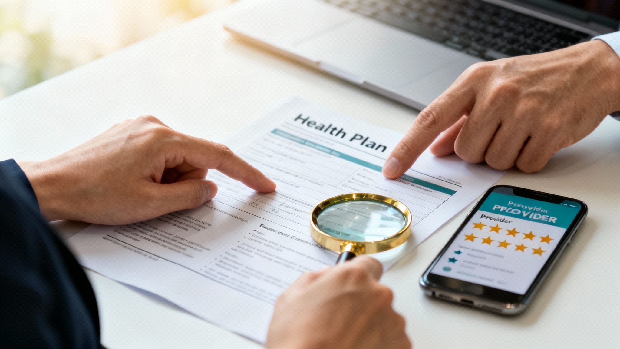 Hands reviewing a health plan document with a magnifying glass, next to a phone showing provider ratings.