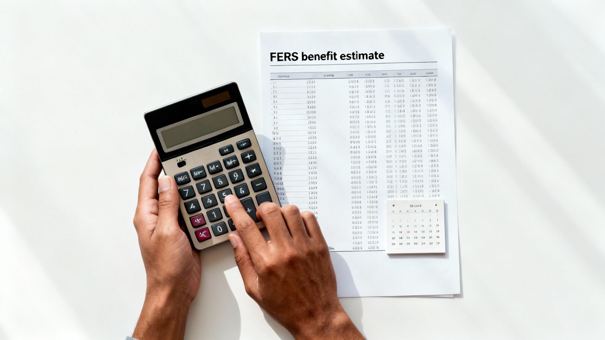 Person using calculator to review FERS benefit estimate spreadsheet for federal retirement planning