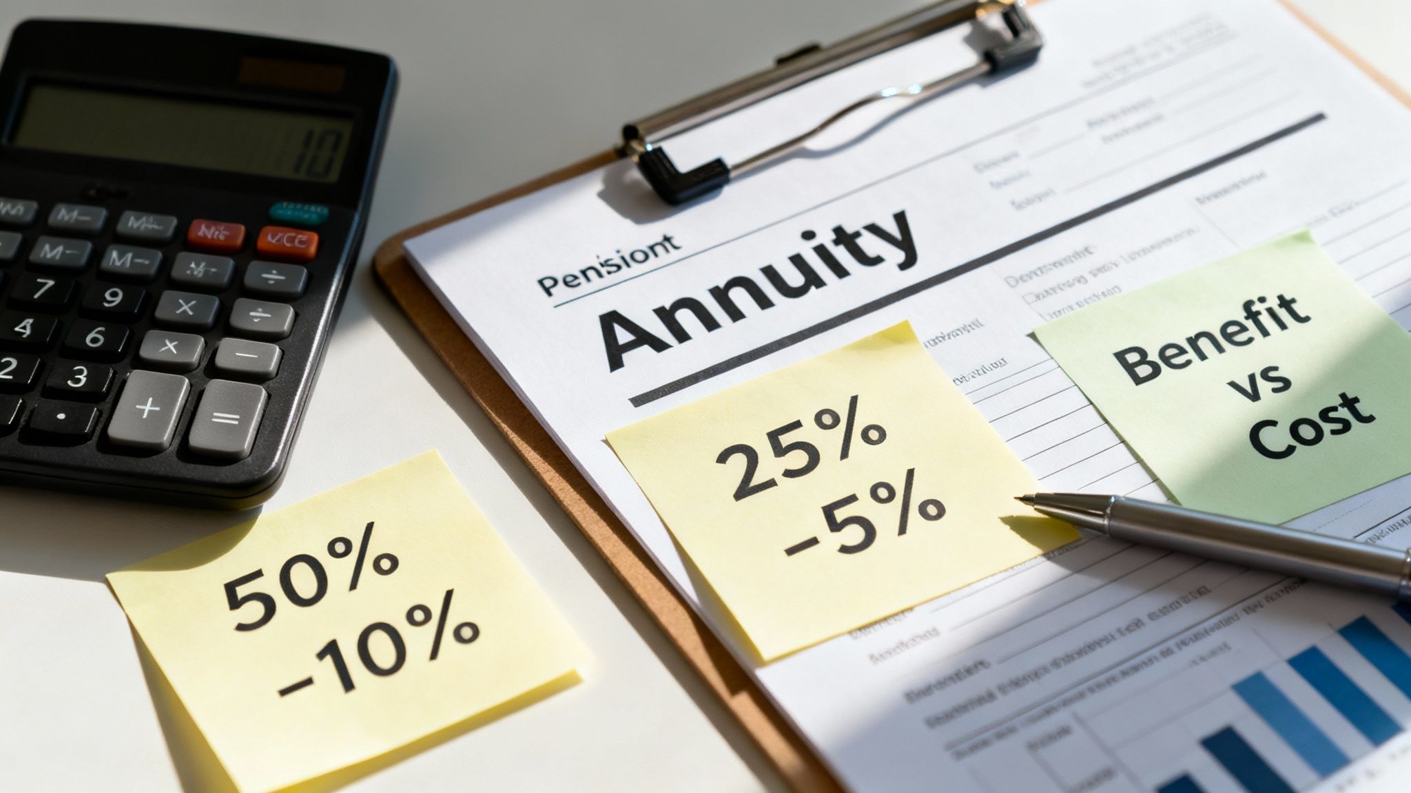 A calculator, a 'Pension Annuity' document, and sticky notes showing financial percentages and 'Benefit vs Cost'.