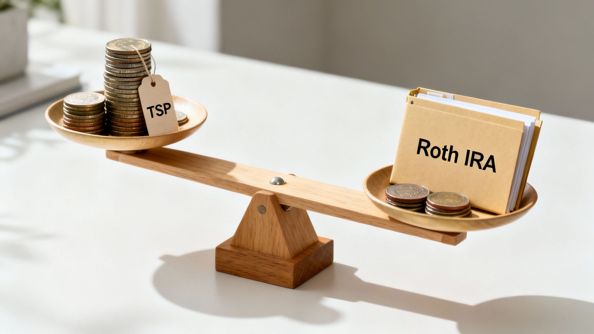 A wooden balance scale comparing TSP and Roth IRA investments with stacks of coins and envelopes.