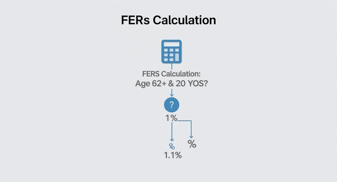 FERS calculation flowchart showing retirement benefit percentage formula for federal employees age 62 with 20 years FERS calculation flowchart showing retirement benefit percentage formula for federal employees age 62 with 20 years