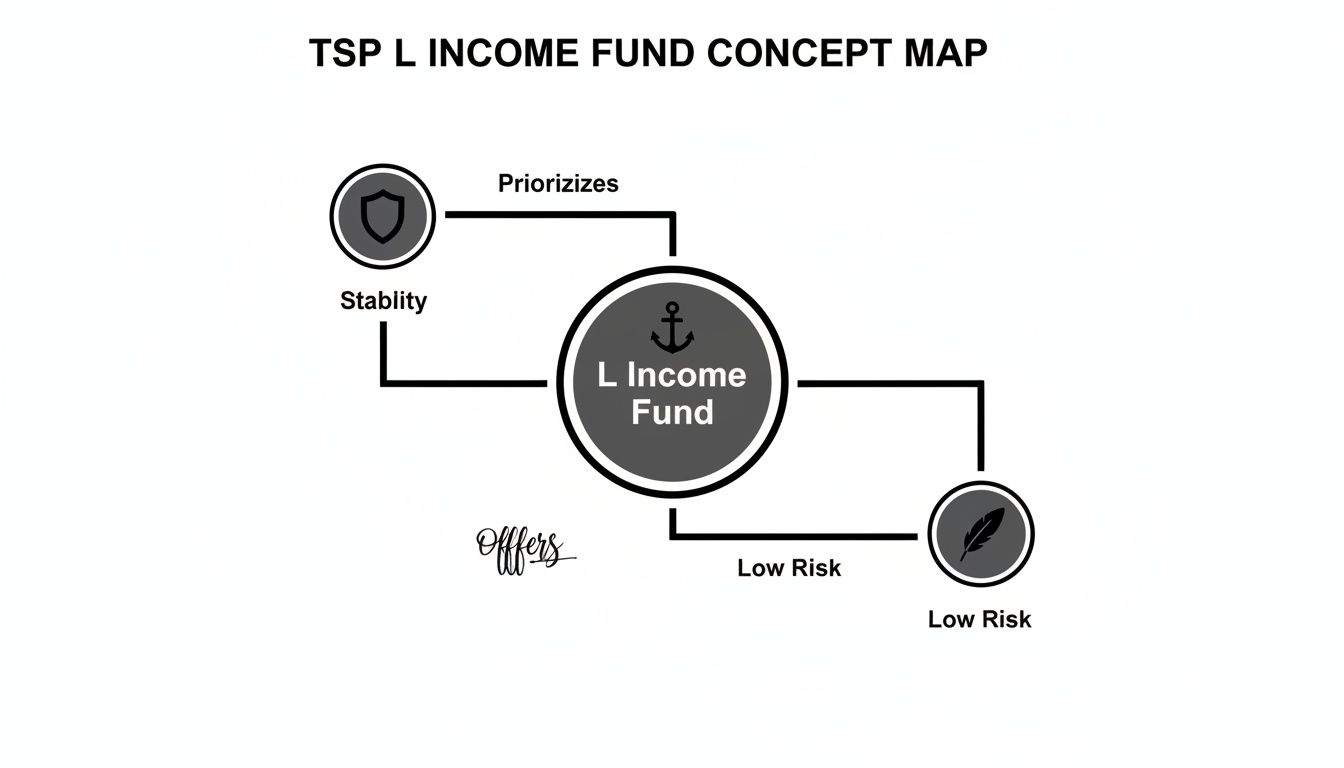 Concept map showing TSP L Income Fund, prioritizing stability and offering low risk. Concept map showing TSP L Income Fund, prioritizing stability and offering low risk.