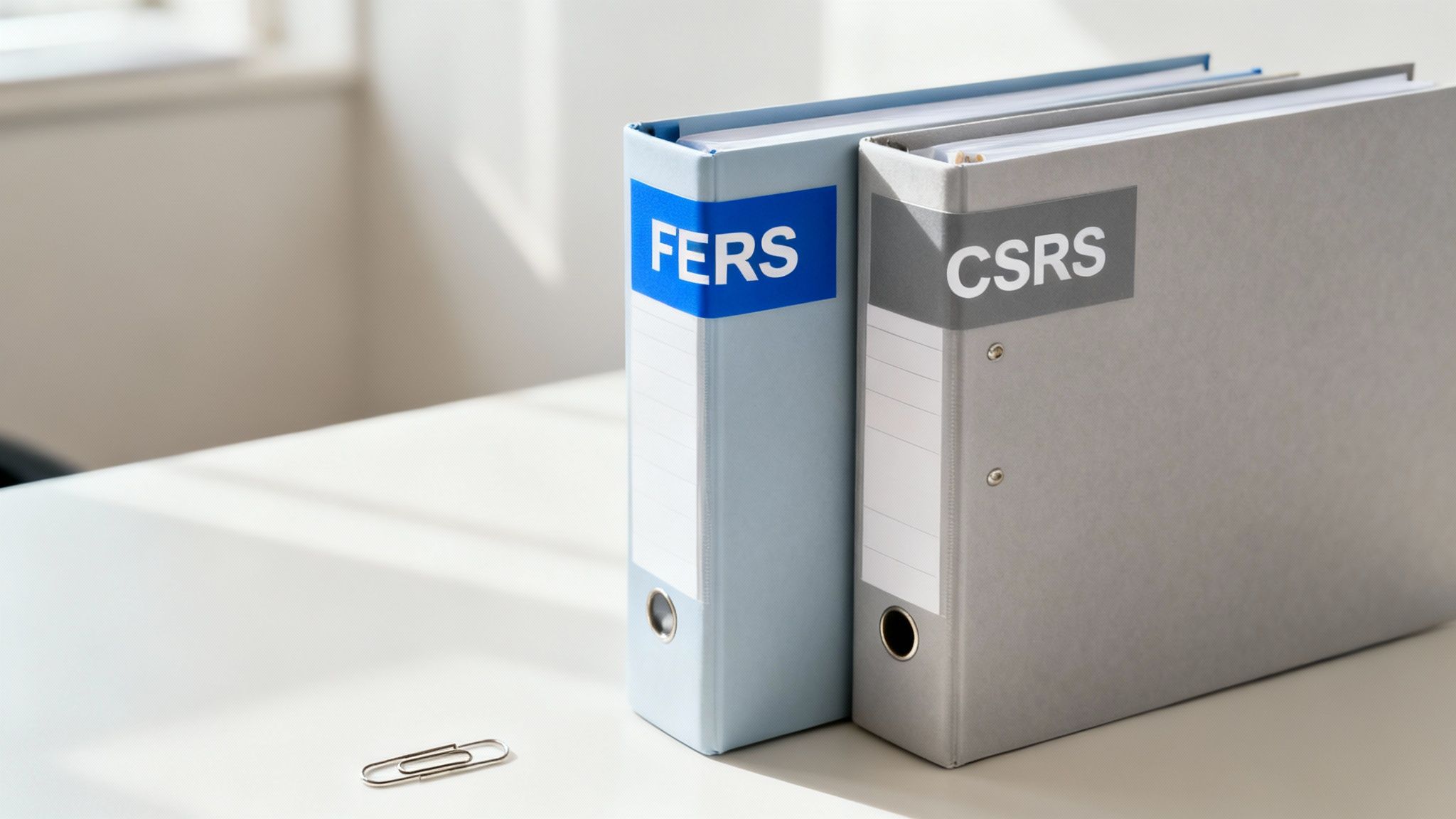 Two binders labeled FERS and CSRS stand on a white desk, representing federal retirement systems.