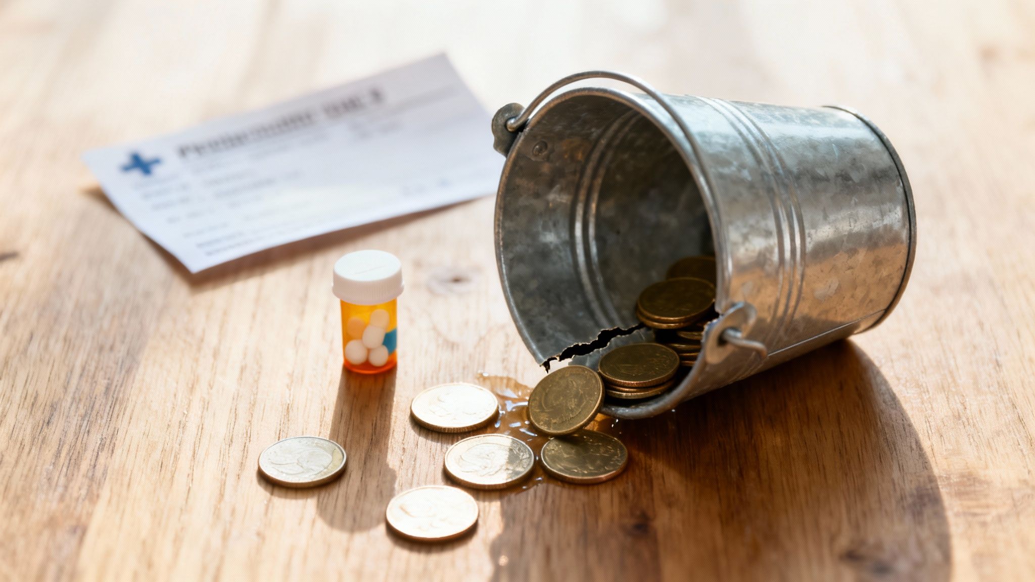 Pills, coins spilling from a broken bucket, and a medical bill, symbolizing healthcare costs.