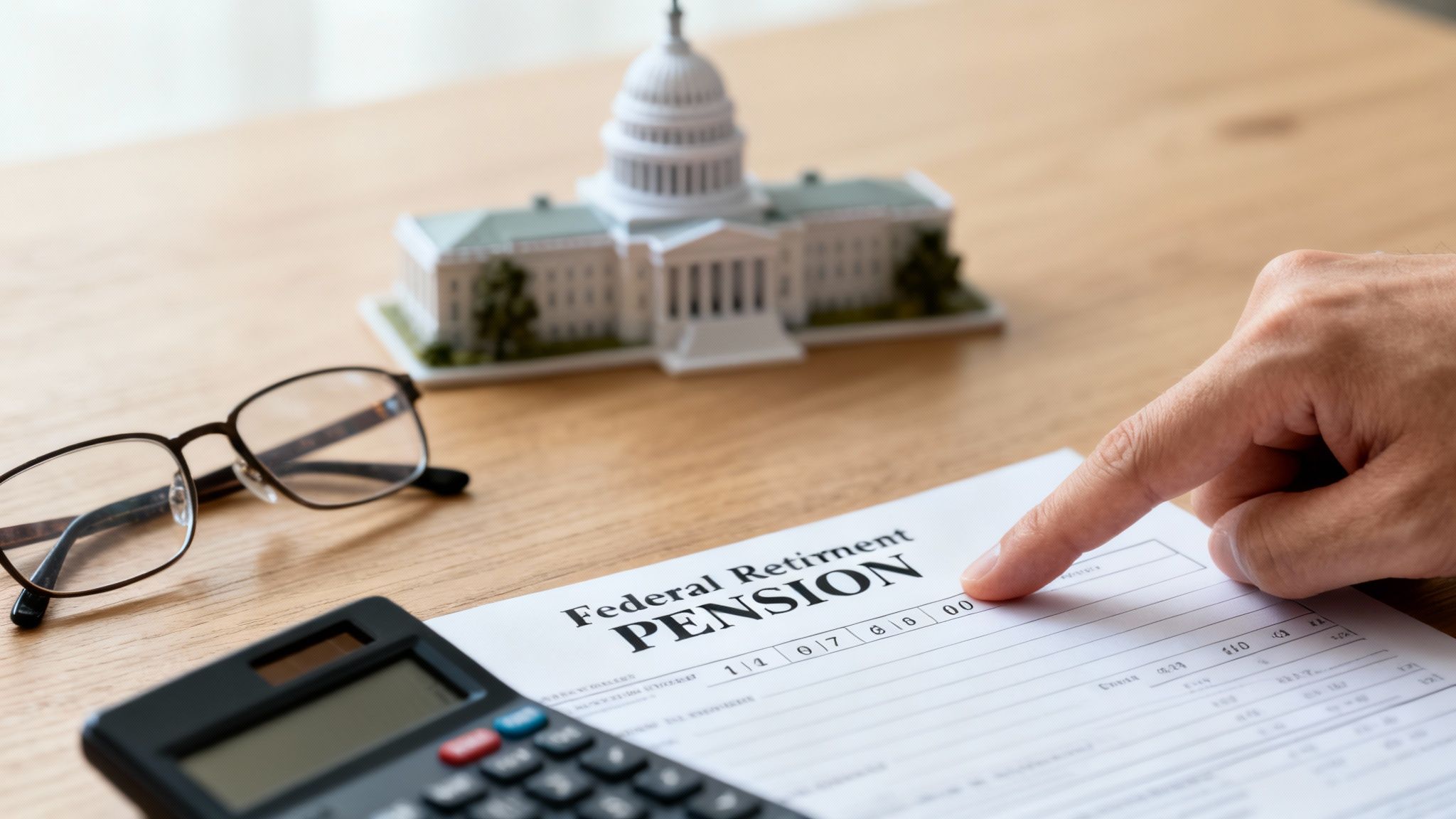 A hand points at a 'Federal Retirement PENSION' form next to a calculator and Capitol model.