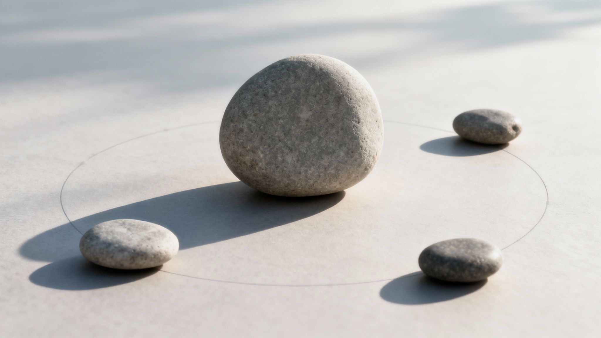 Zen arrangement of four smooth grey stones on a light surface with a subtle circular line.