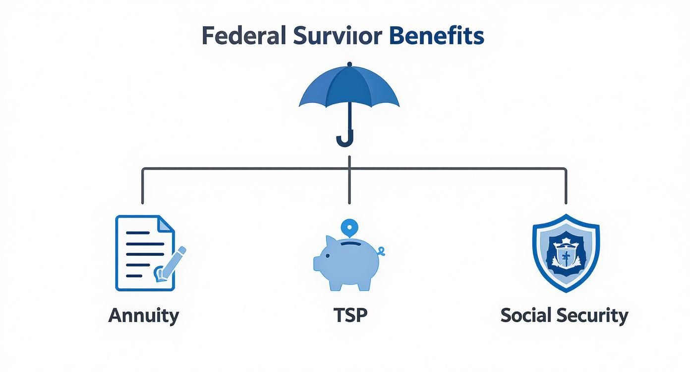 Diagram showing Federal Survivor Benefits umbrella, branching out to Annuity, TSP, and Social Security.