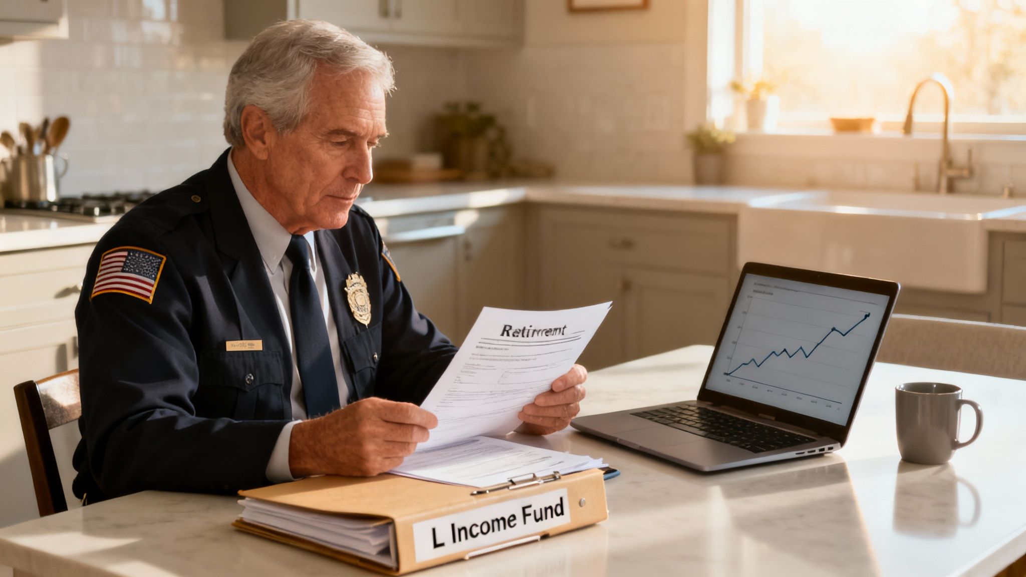 A police officer reviews retirement papers and financial documents at home, looking at a laptop with a rising graph.