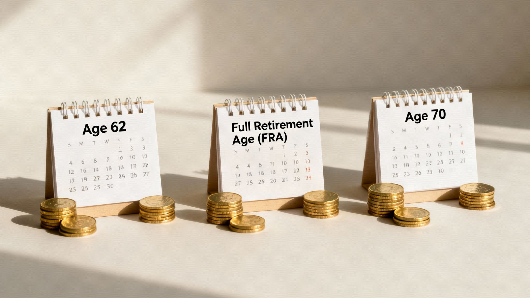 Three calendars display different retirement ages (62, FRA, 70) with varying coin stacks. Three calendars display different retirement ages (62, FRA, 70) with varying coin stacks.
