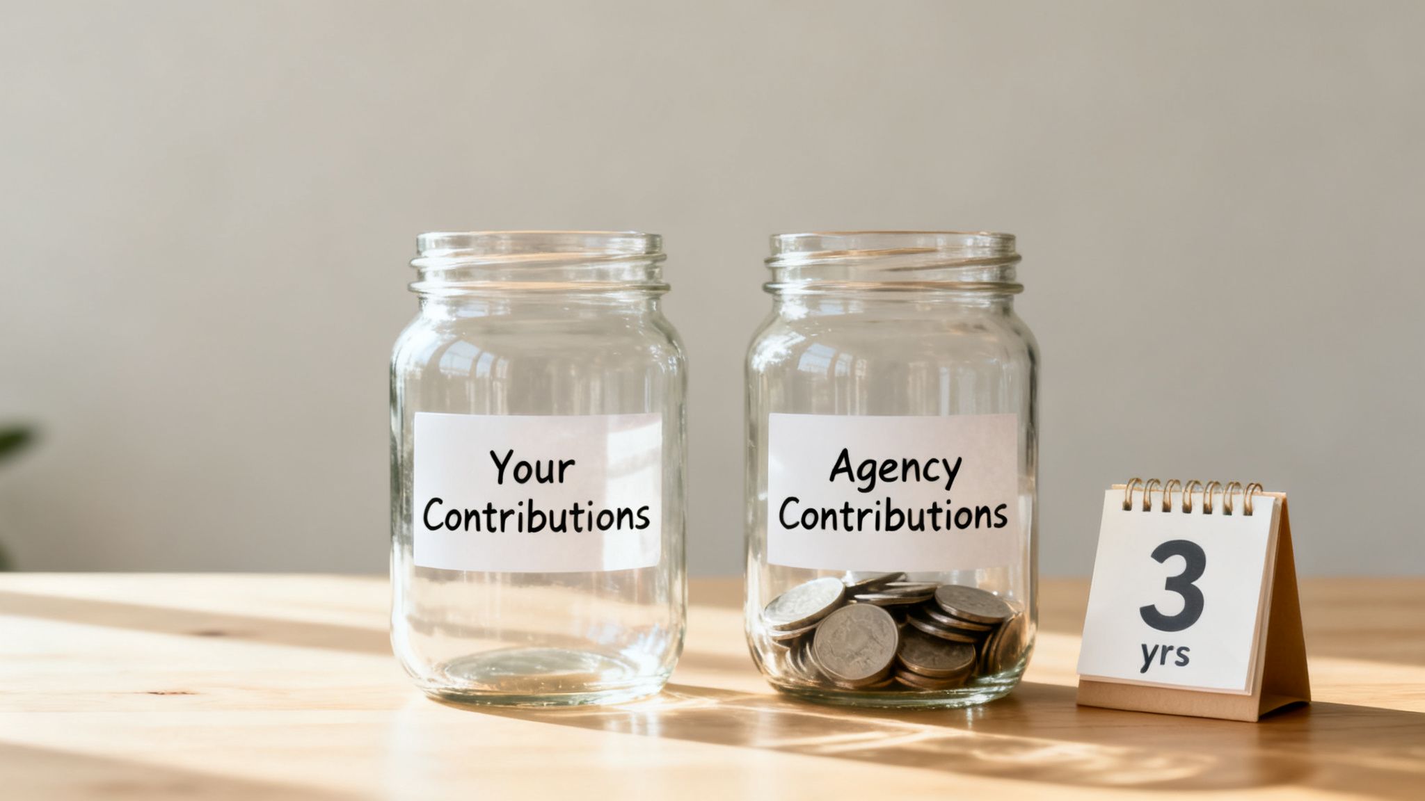 Two jars labeled 'Your Contributions' and 'Agency Contributions' (with coins), next to a '3 yrs' calendar.
