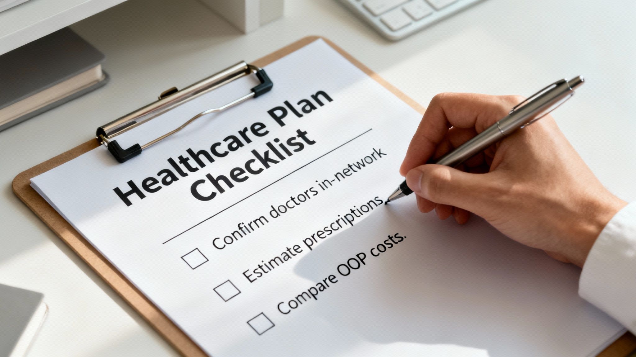 A close-up of a hand with a pen reviewing a healthcare plan checklist on a clipboard.