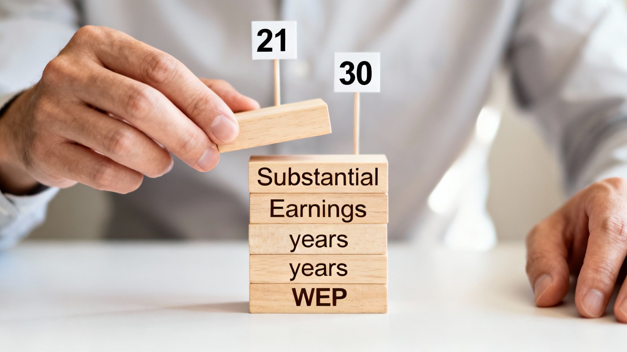 A hand places a wooden block on a stack labeled "Substantial Earnings years" and "WEP", with numbers 21 and 30. A hand places a wooden block on a stack labeled "Substantial Earnings years" and "WEP", with numbers 21 and 30.