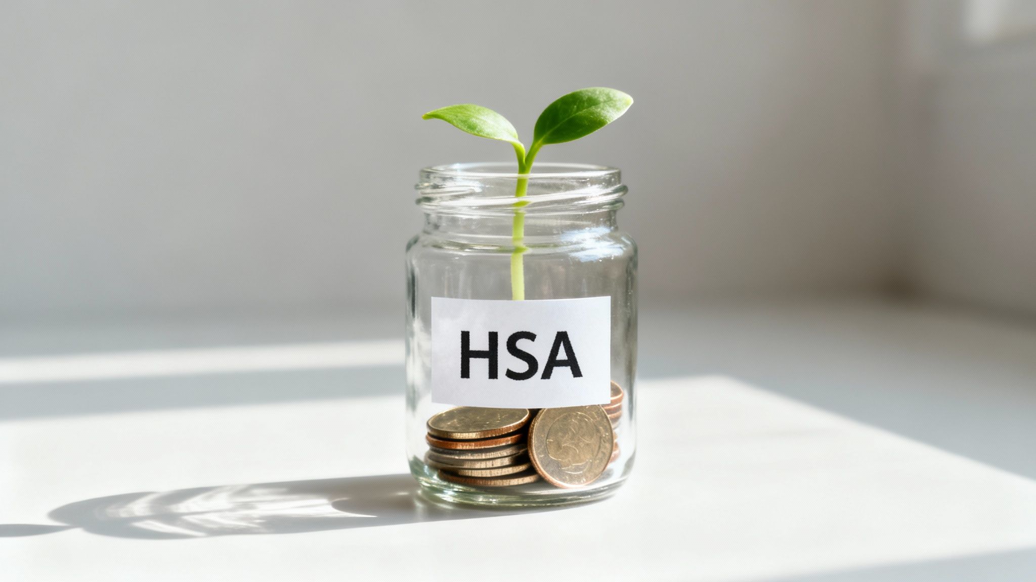 A glass jar with coins and a green sprout, labeled 'HSA', symbolizing health savings growth.