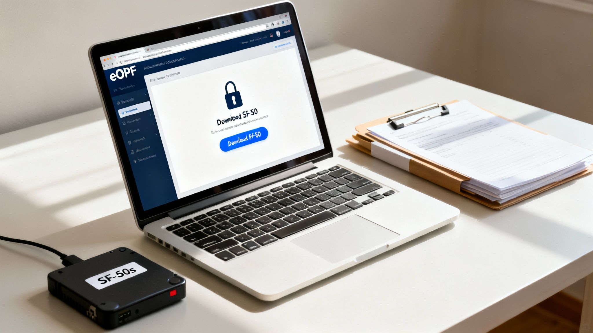 A laptop displays a secure 'Download SF-50' screen next to an SF-50s external drive and documents.