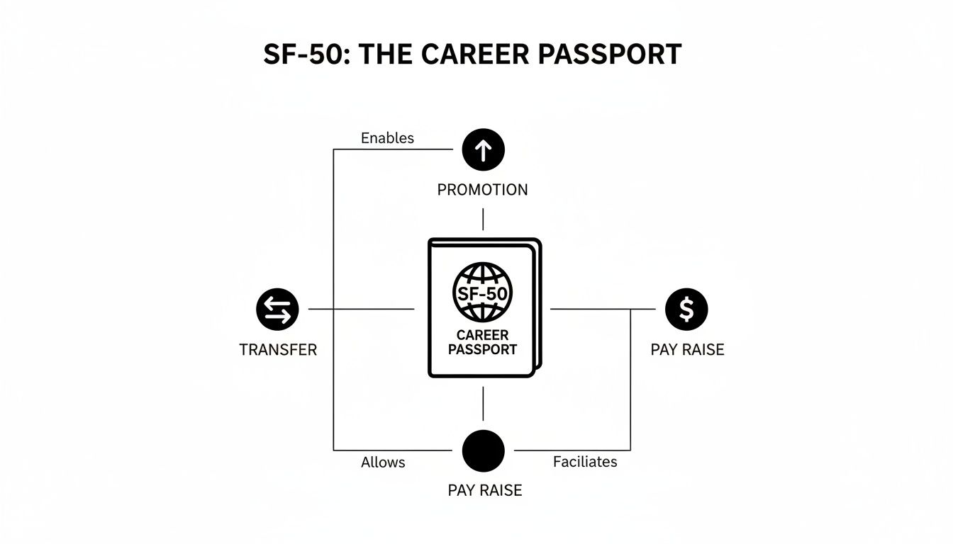 Diagram showing SF-50 Career Passport enabling promotion, transfer, and pay raises, illustrating career progression.