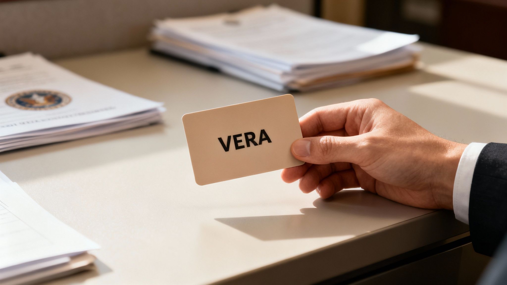 A hand holds a beige card with “VERA” written on it, over a desk with documents.