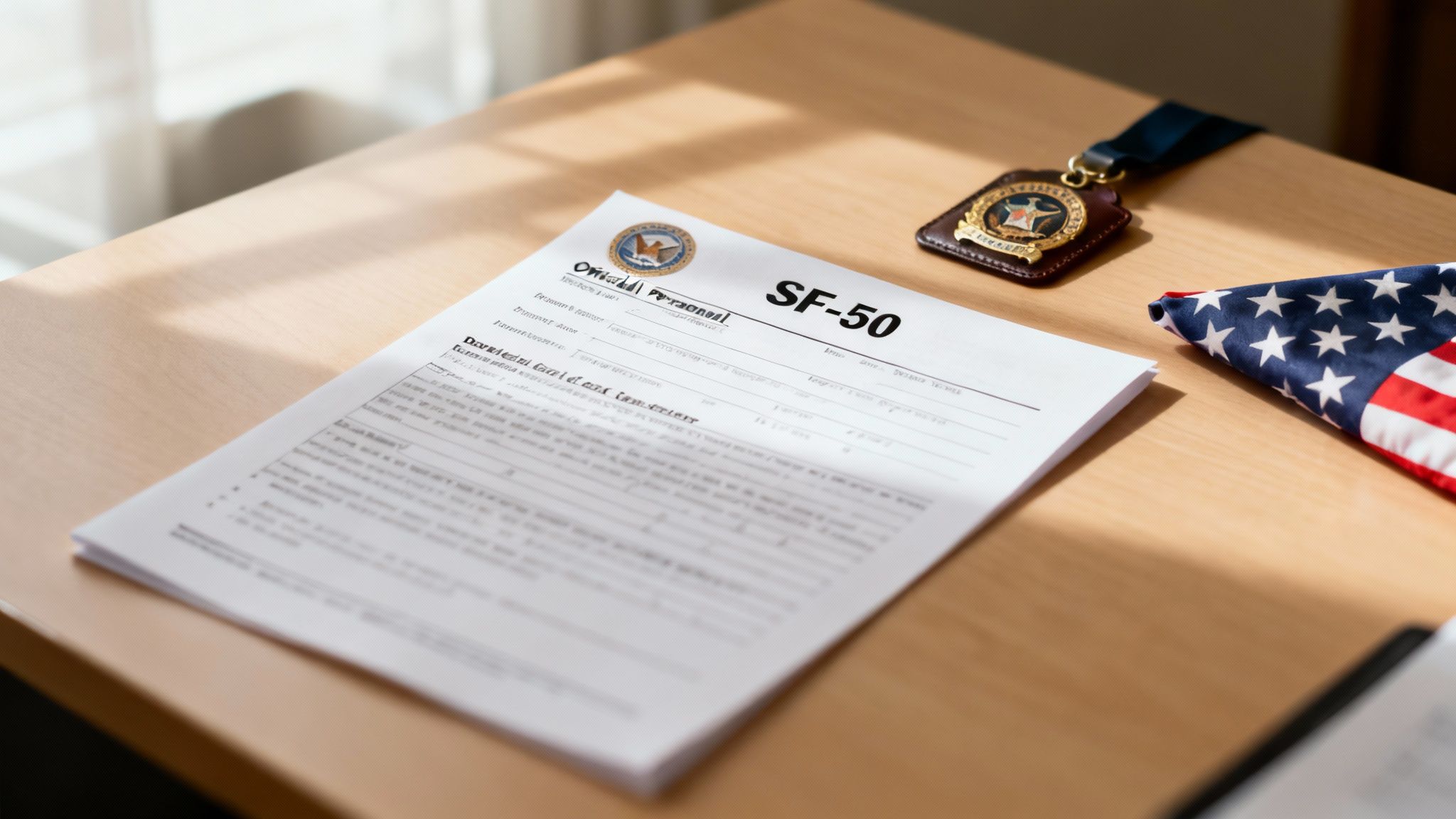 An SF-50 document, a medal, and a folded American flag on a wooden table.