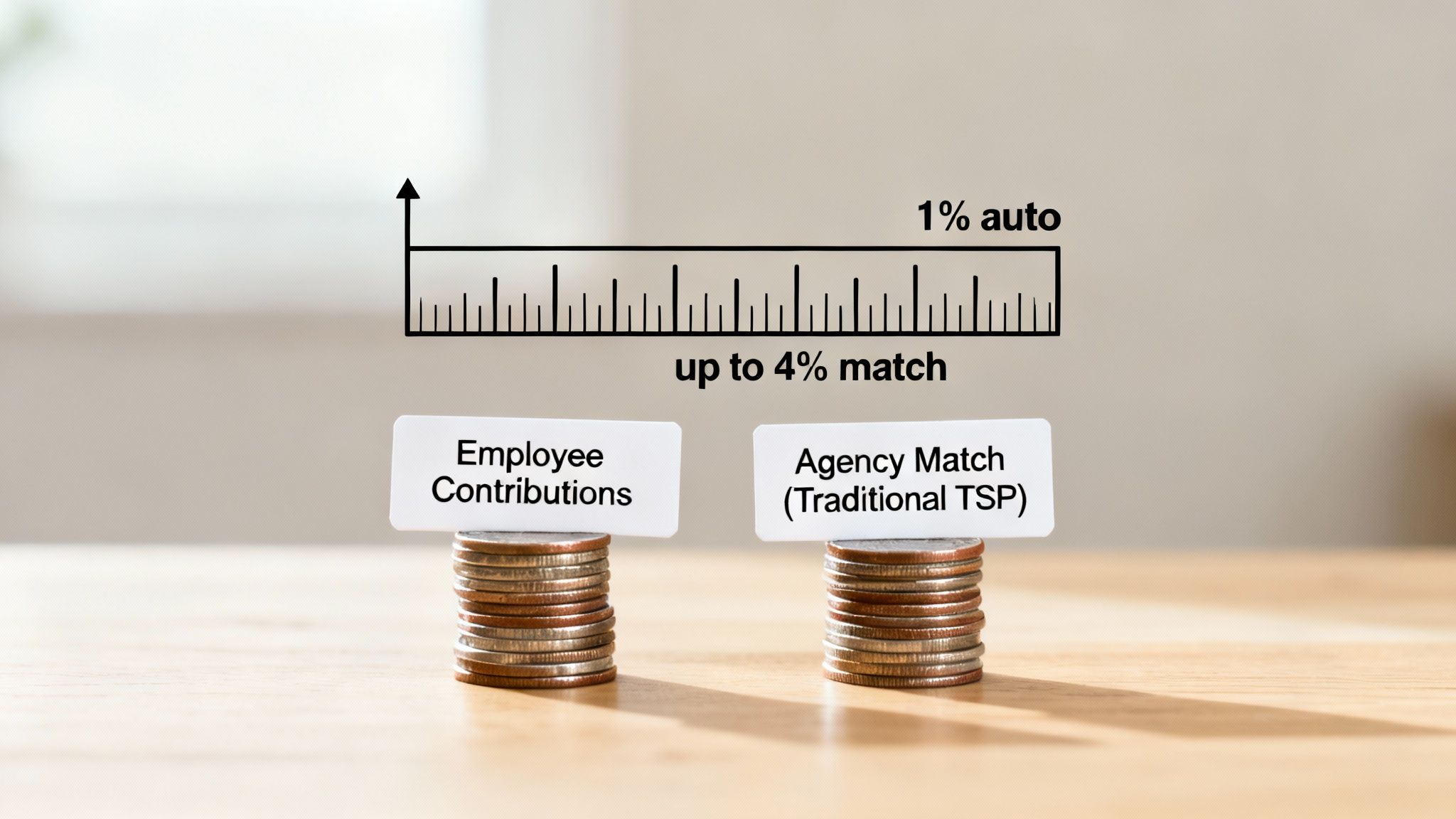 Stacks of coins represent employee contributions and agency match for Traditional TSP, showing 1% auto and up to 4% match.