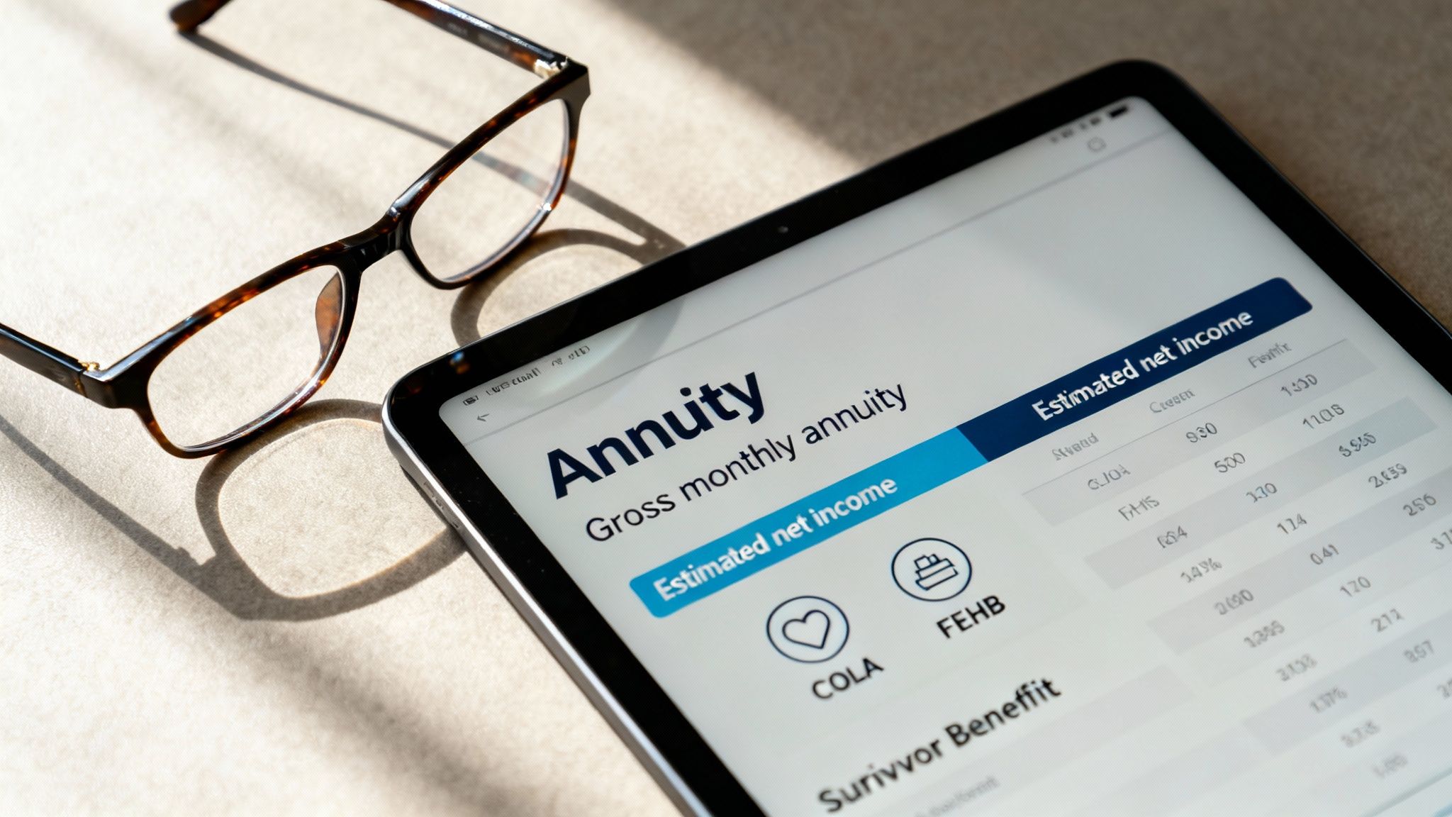 A tablet displays an annuity calculation page with estimated net income details, next to reading glasses.
