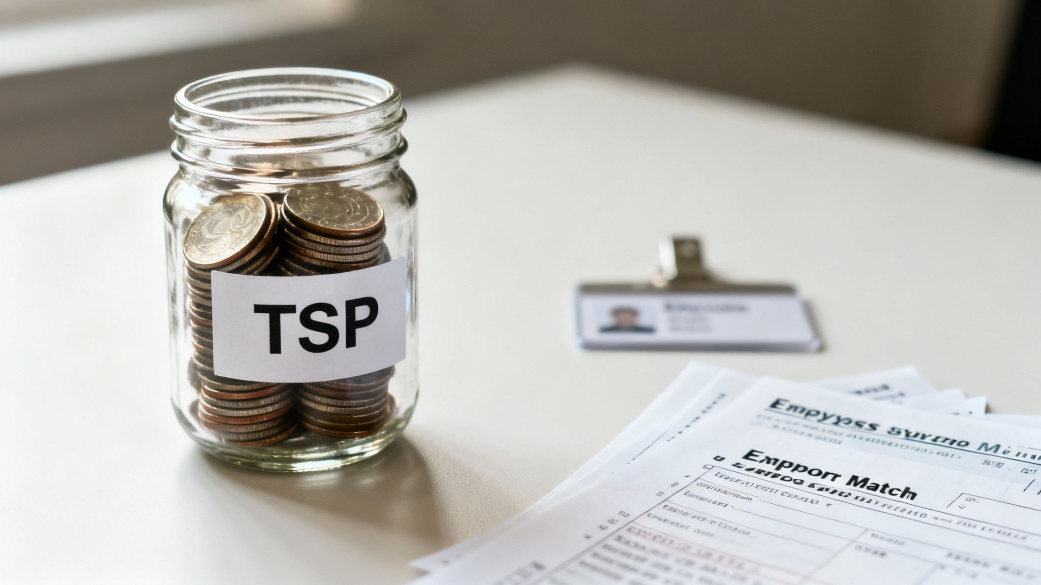 Glass jar filled with coins labeled 'TSP' on a desk, next to an ID badge and financial paperwork.