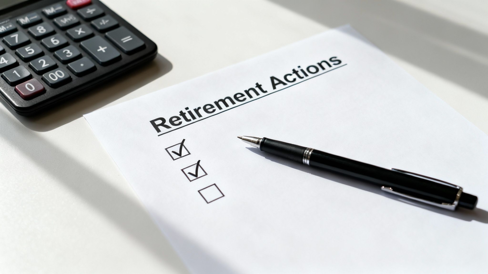 A checklist titled 'Retirement Actions' with two items checked, next to a pen and calculator.