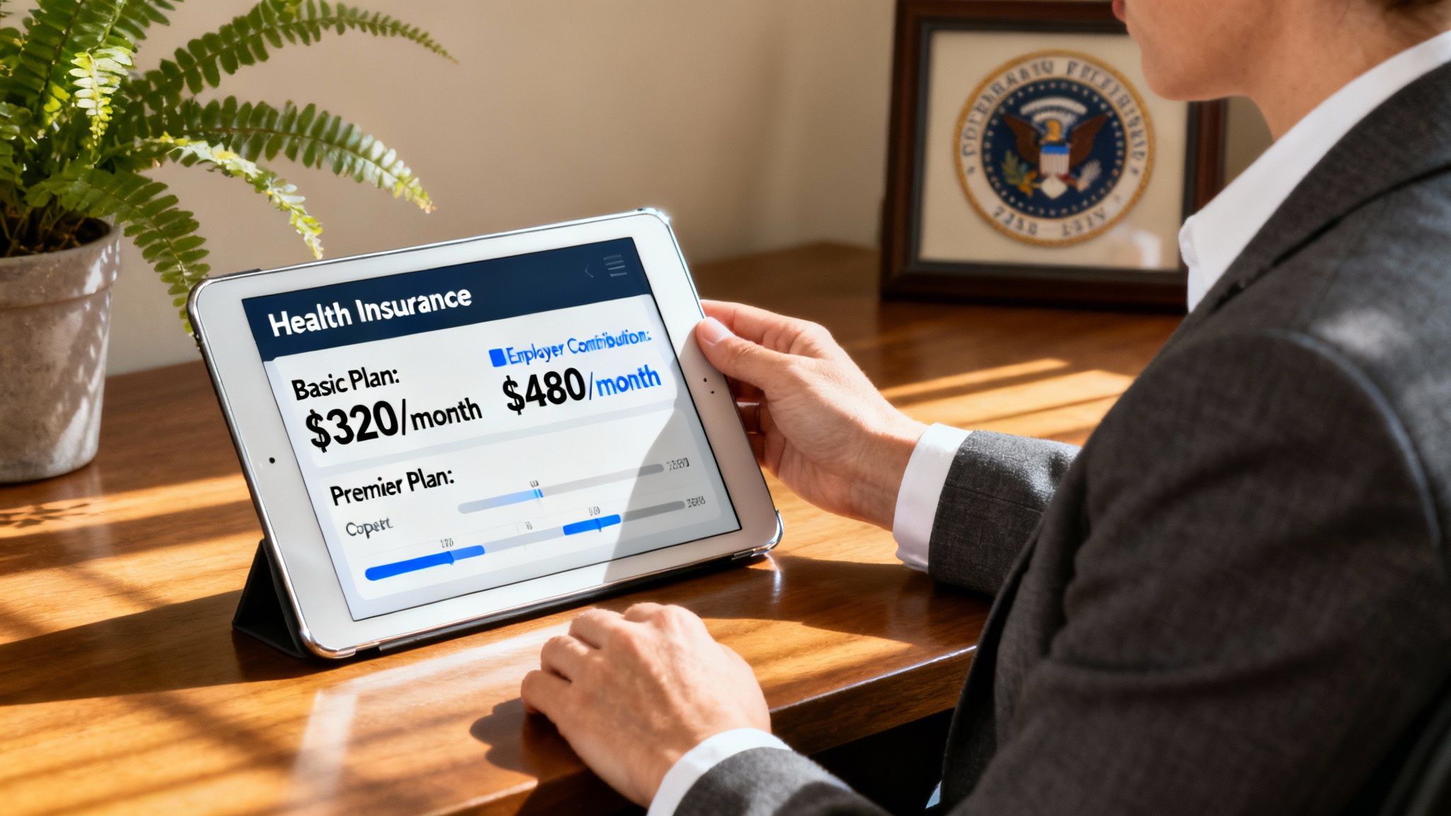 A smiling doctor and patient reviewing a tablet together, representing federal health benefits