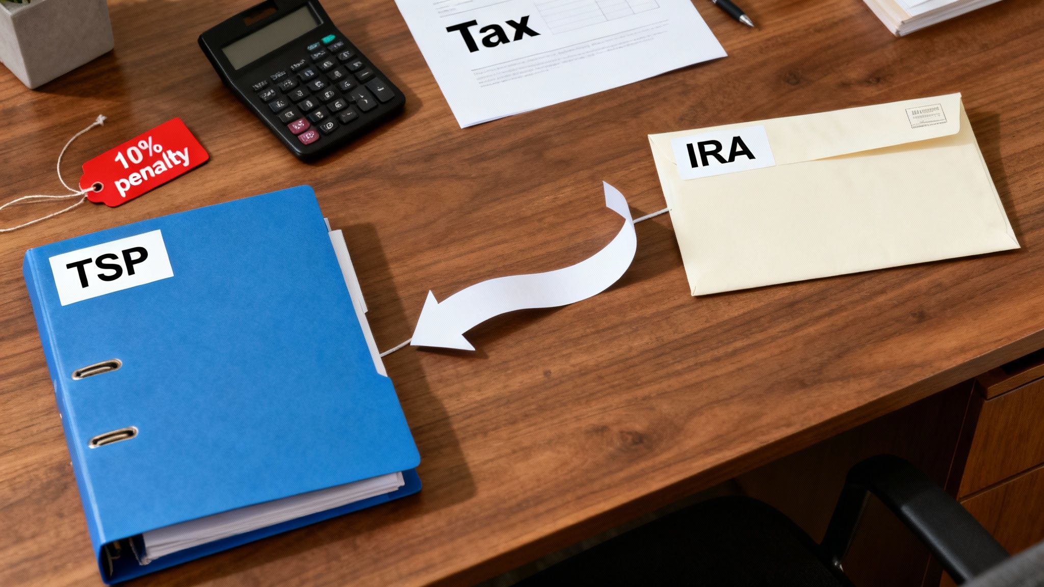 A financial desk showing a TSP binder, 10% penalty tag, and an arrow pointing to an IRA envelope.
