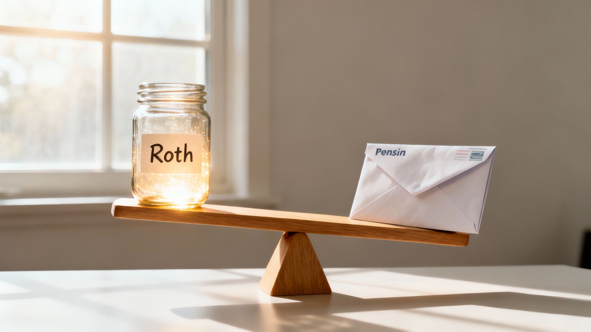 A wooden balance scale comparing a glowing 'Roth' jar, heavy on the left, with a 'Pensin' envelope on the right.