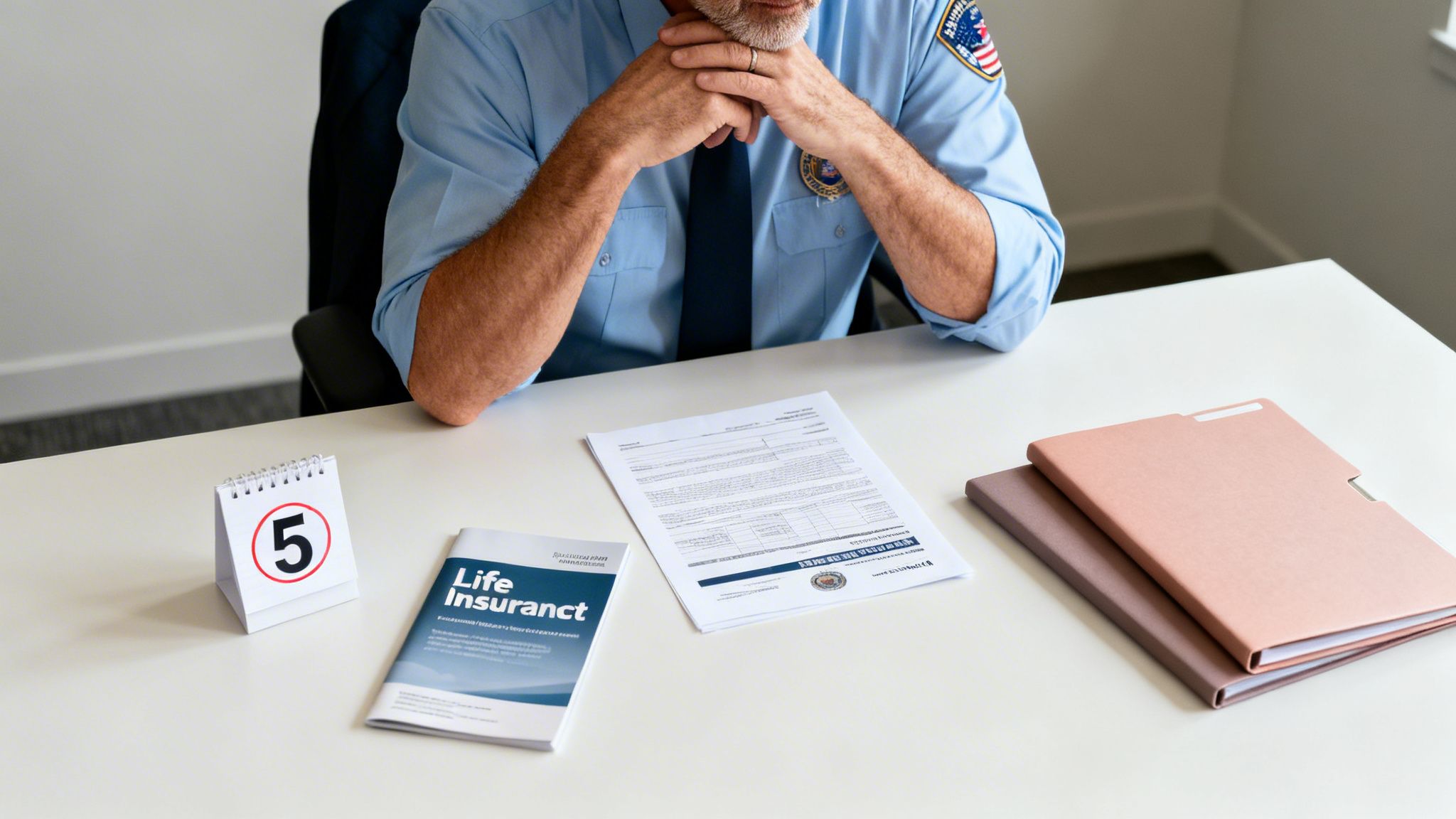 A uniformed man sits at a desk with 'Life Insurance' documents and a calendar.