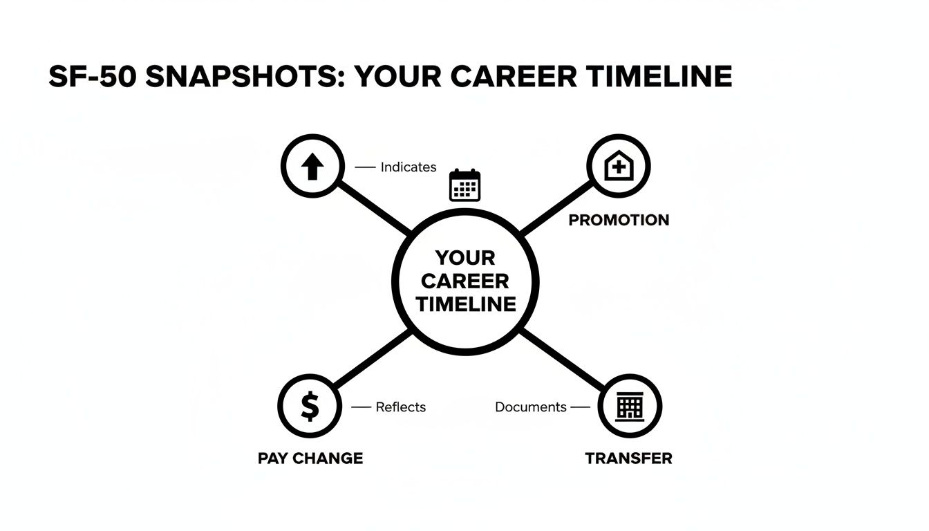 Diagram illustrating SF-50 snapshots for a career timeline, detailing promotions, pay changes, and transfers.