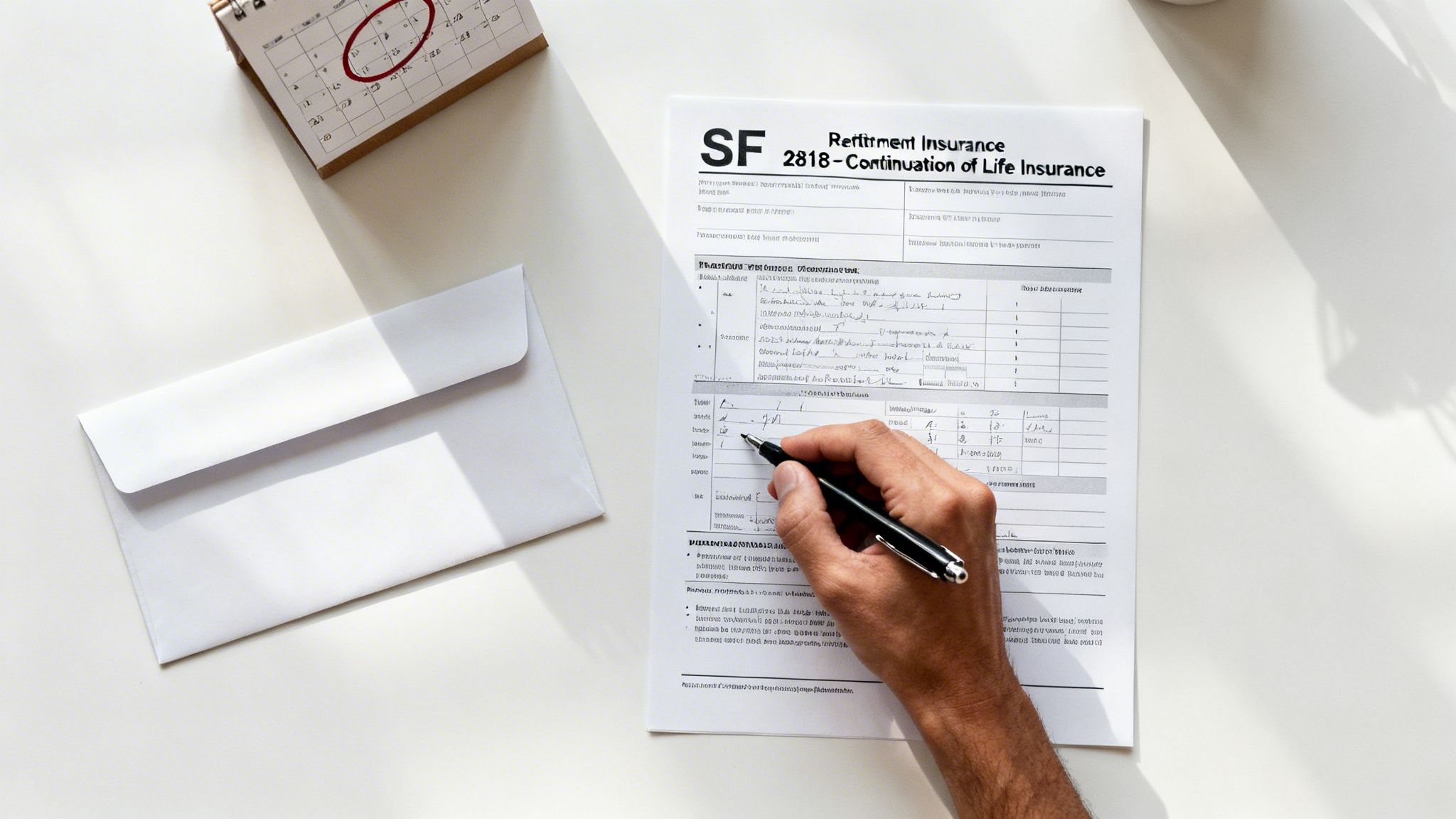 A person's hand fills out a life insurance document related to retirement next to a calendar and envelope.