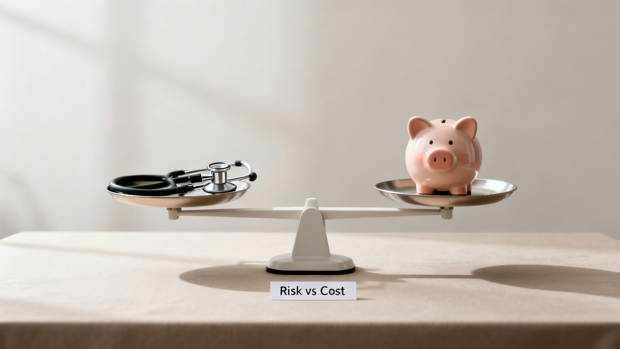 A balance scale with a stethoscope on one side and a piggy bank on the other, labeled 'Risk vs Cost'.