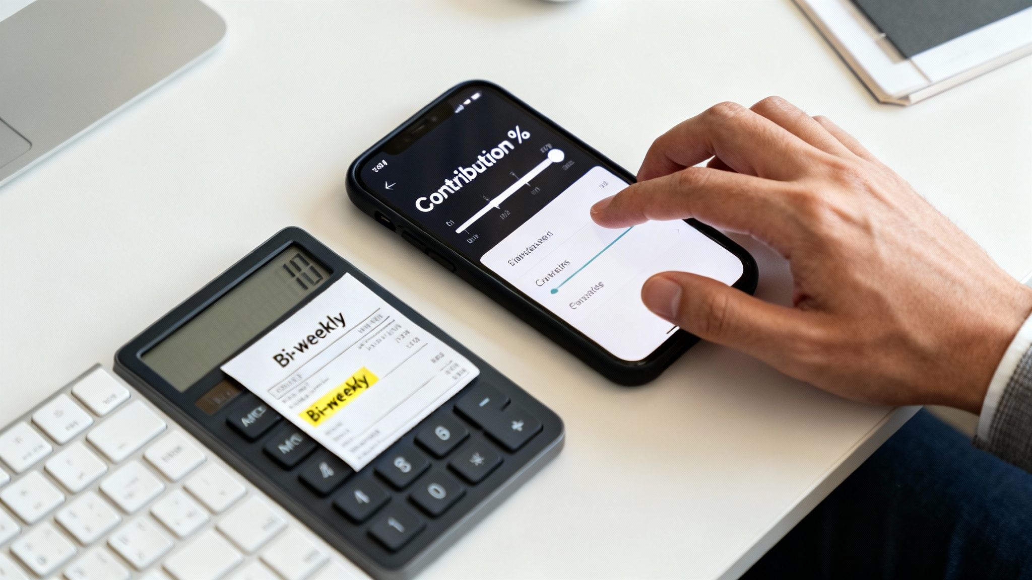 A person's hand uses a smartphone app for contribution percentage, next to a calculator with a bi-weekly note.