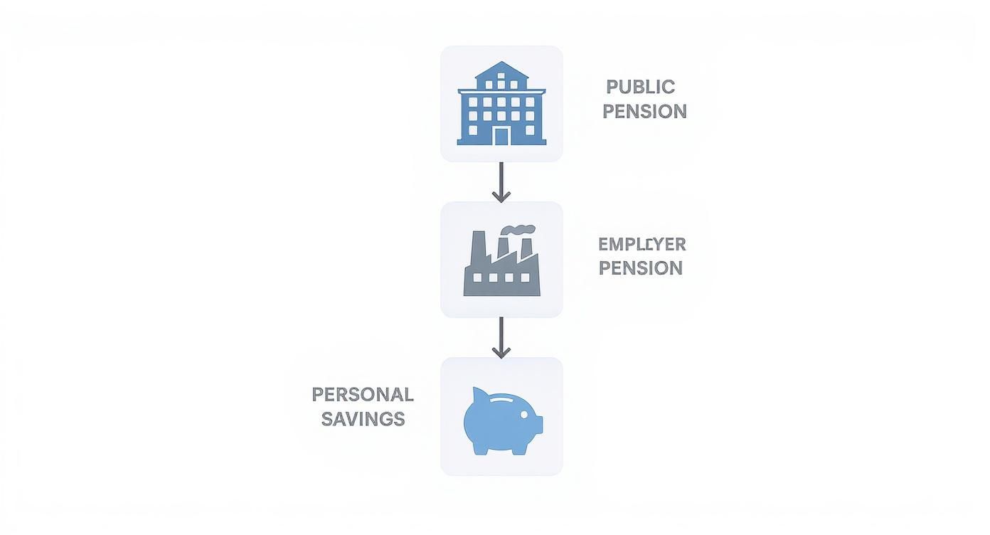 A diagram shows the three pillars of retirement income: public pension, employer pension, and personal savings. A diagram shows the three pillars of retirement income: public pension, employer pension, and personal savings.