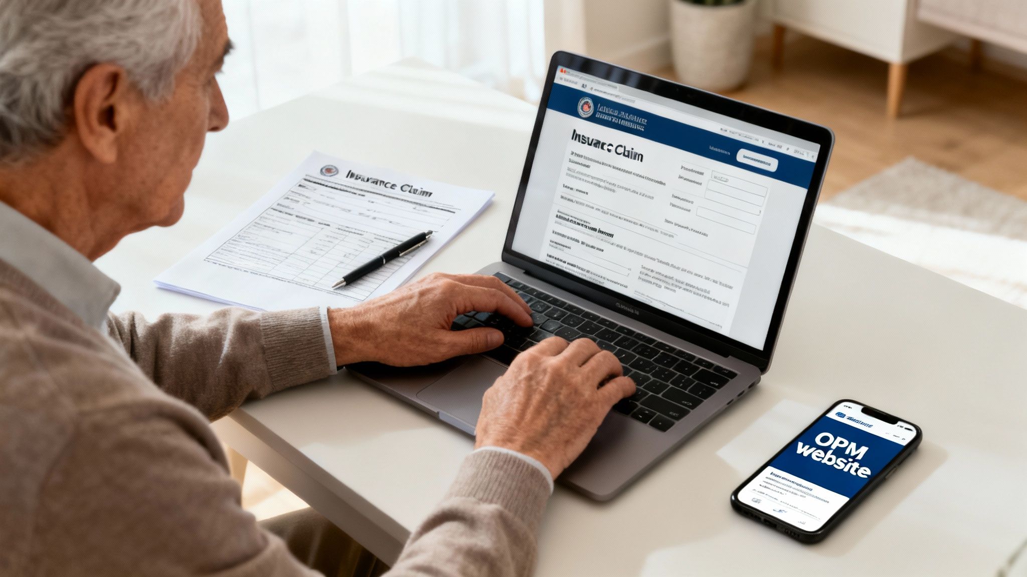 An elderly man filling out an insurance claim form and using a laptop for online submissions, with an OPM website visible on a smartphone. An elderly man filling out an insurance claim form and using a laptop for online submissions, with an OPM website visible on a smartphone.
