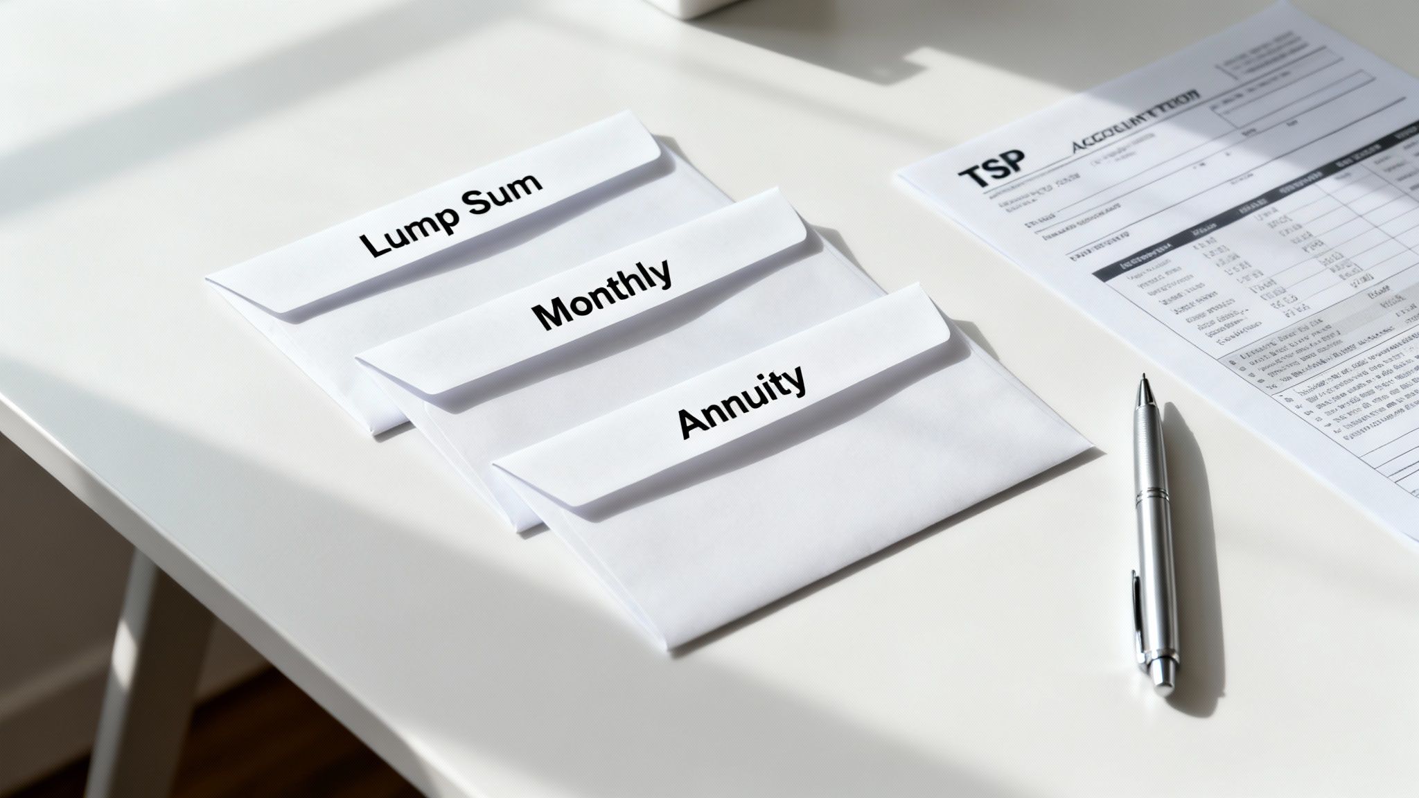 Three envelopes labeled 'Lump Sum', 'Monthly', and 'Annuity' next to a TSP document and a pen.