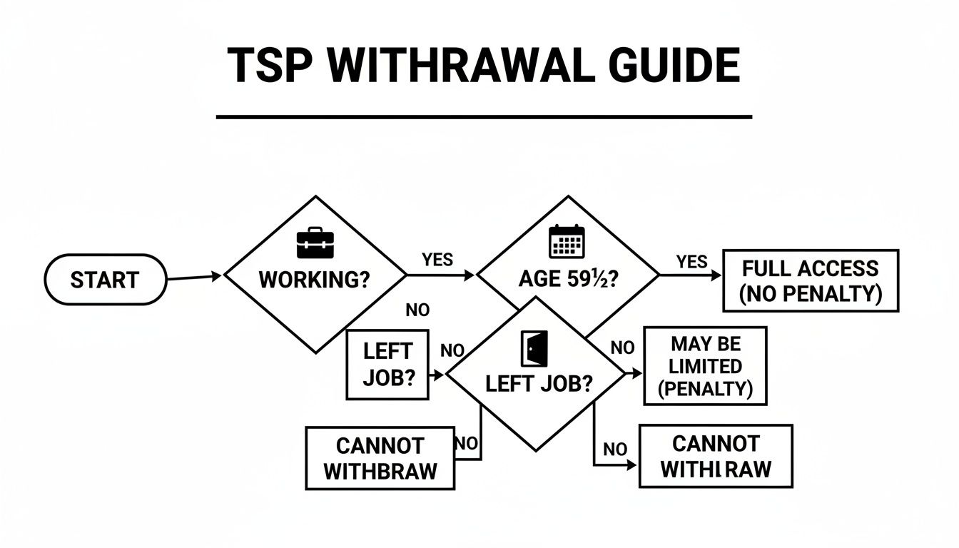 Flowchart illustrating the conditions for TSP withdrawal, including age, employment status, and penalties.